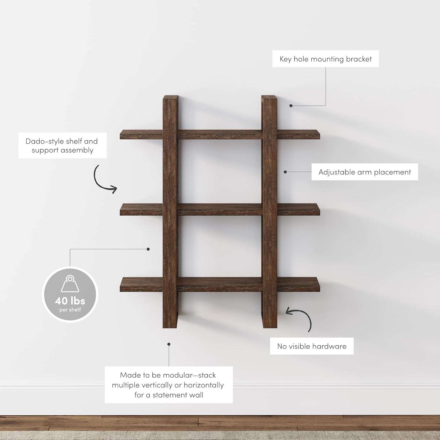 Nathan James Estantes flotantes de pared para libros, estante de exhibición de 3 niveles, estante modular decorativo en madera maciza para