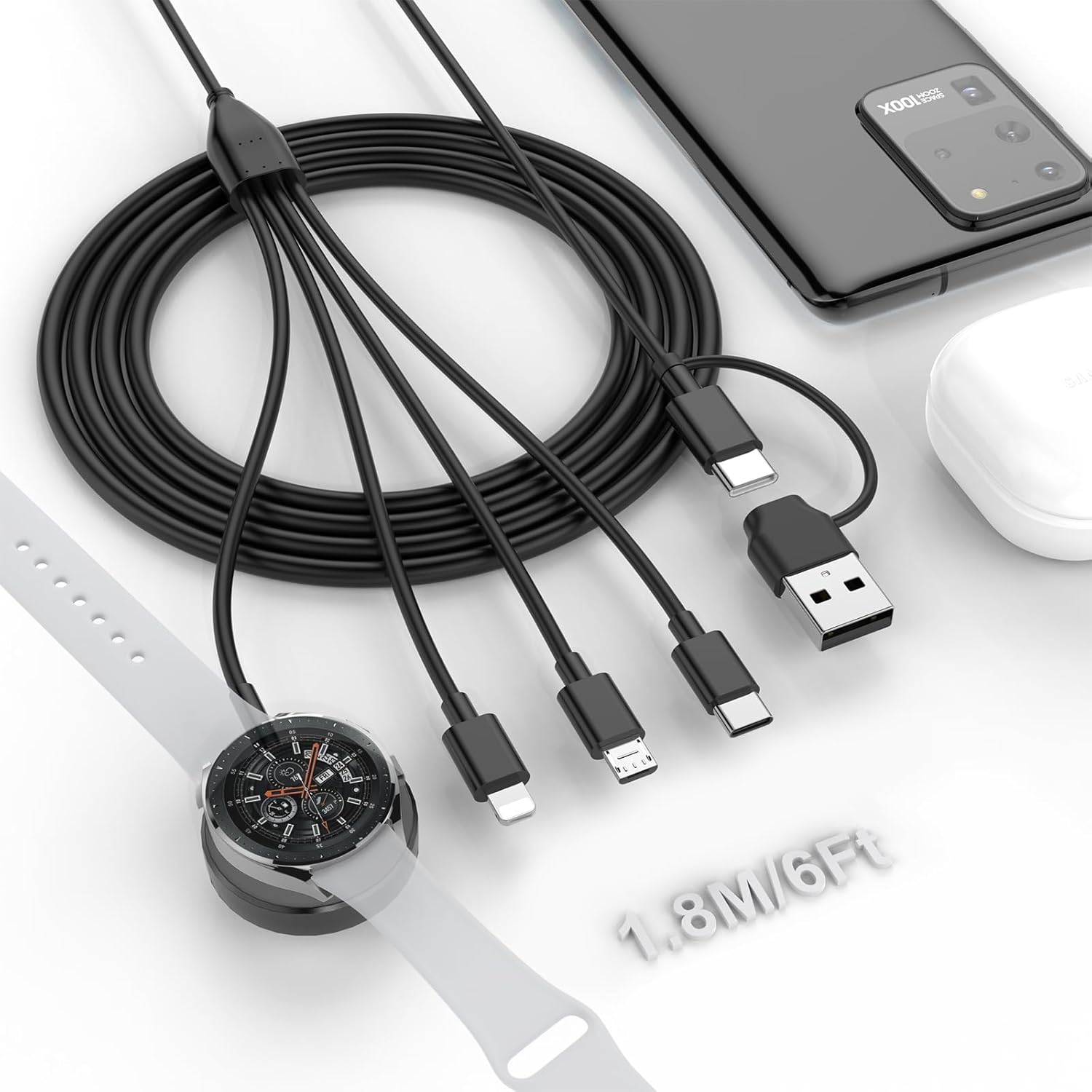 Cable cargador 4 en 2 para Samsung Galaxy Watchteléfono, base de carga inalámbrica Samsung para Samsung Galaxy Watch 543 con USB-C, micro USB y