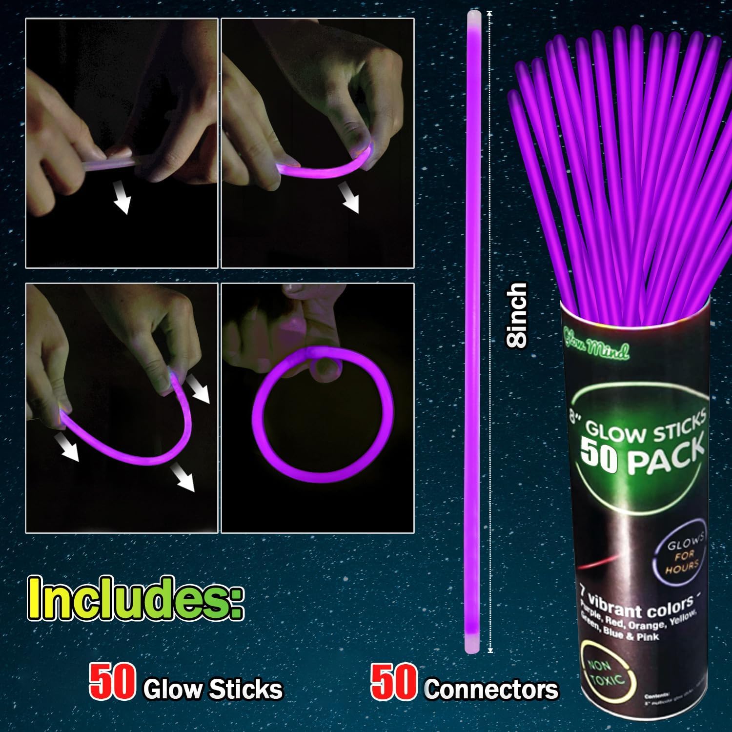 Pulsera de luz a granel de palitos brillantes morados, collares brillantes con conectores, 50 unidades de 8 pulgadas, 4 de julio, suministros de
