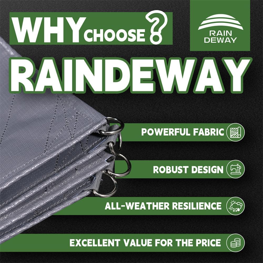 RAINDEWAY Tarps – Lona resistente al agua de 4 x 5 pies -14 mils súper resistente con anillos de metal y esquinas y bordes reforzados, resistente a