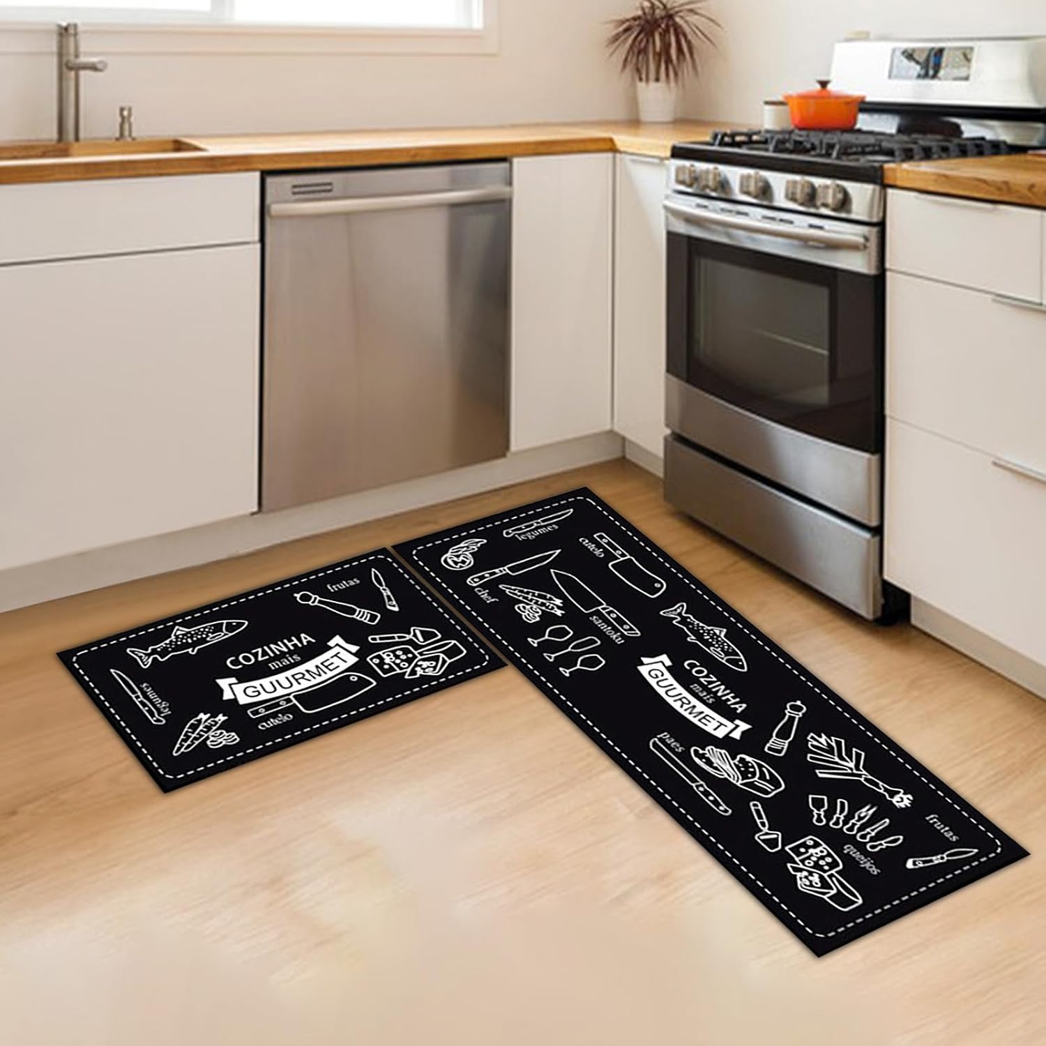 Juego de 2 alfombras y tapetes de cocina, antideslizantes, acolchados, antifatiga, absorben el agua y el aceite, tapete para el hogar para cocina,