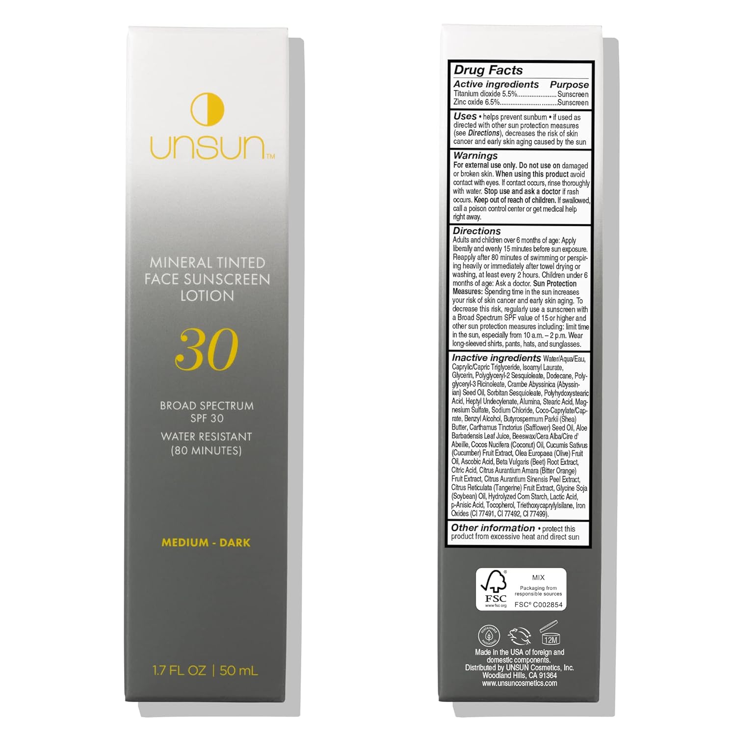 Unsun Protector solar facial con tinte mineral con SPF 30 de amplio espectro, loción resistente al agua, imprimación y corrector de color, 1.7 onzas