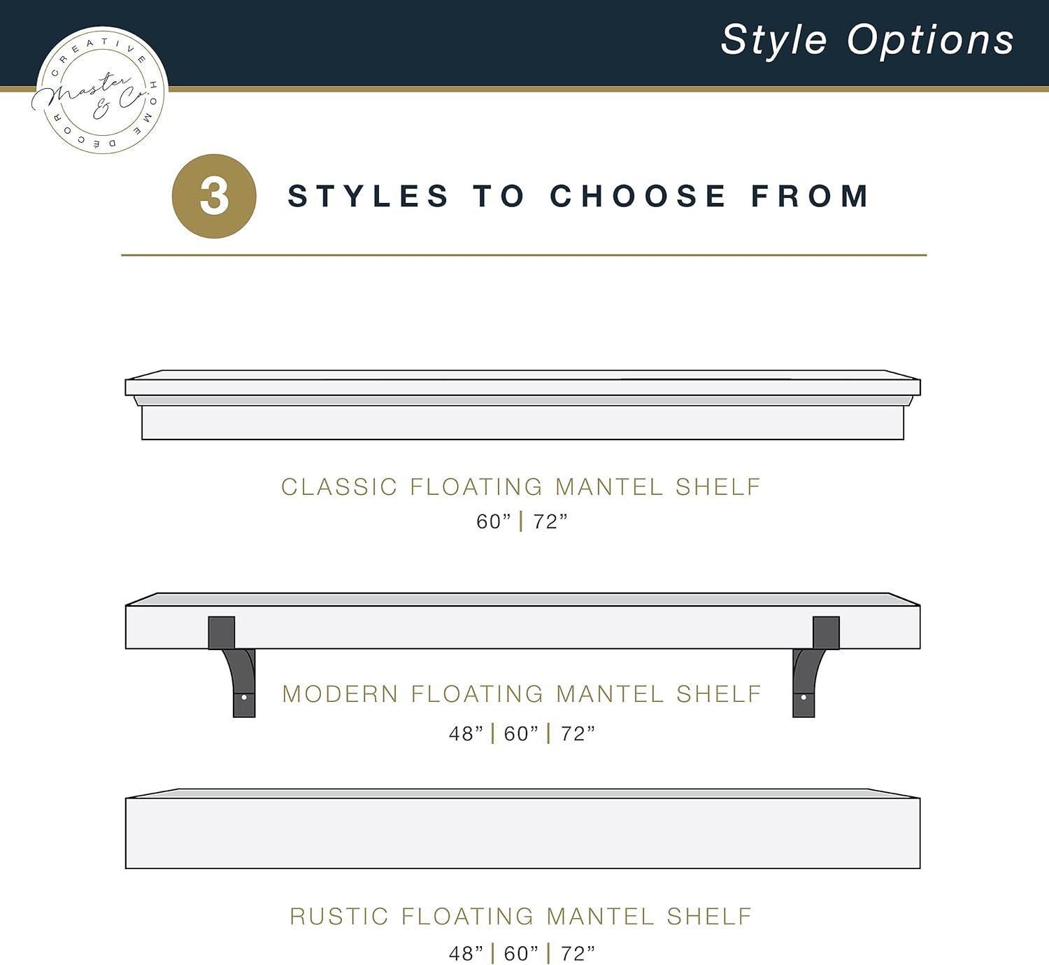 Master & Co. – Repisa flotante clásica para chimenea, estantes flotantes largos para decoración de pared, 60 pulgadas, color blanco