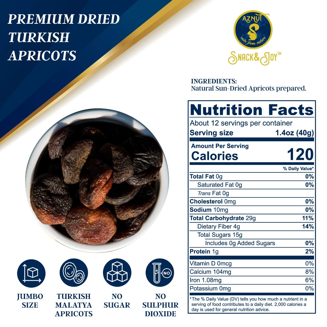 AZNUT Albaricoques secos turcos, sin sulfuro, sin azúcar añadido, 100% natural de calidad premium, certificado por proyecto sin OMG, kosher, sin