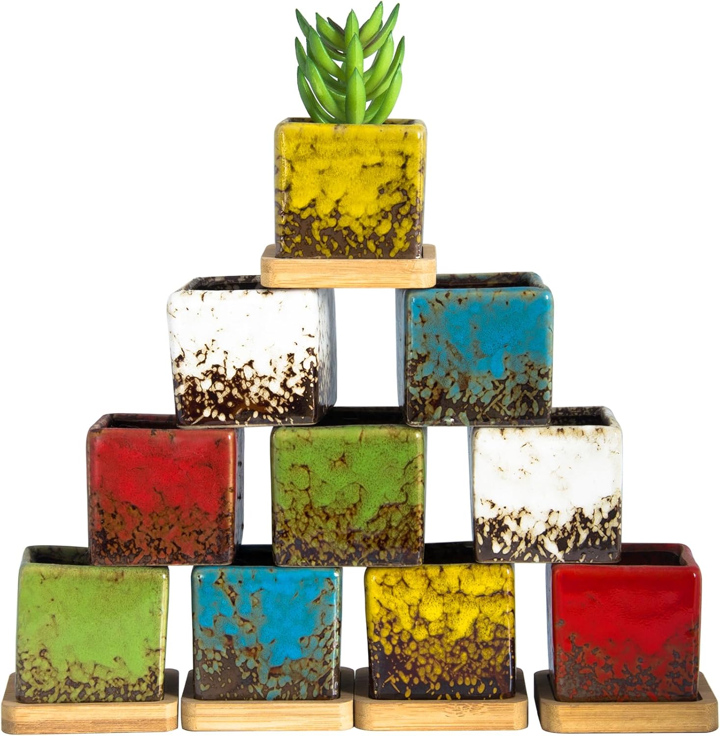 ARTKETTY Set of 10 Succulent Pots with Drainage Trays, 2.1 Inch Ceramic Pots for Indoor Flower Plants, Small Square Cactus Planter Pots Bulk for