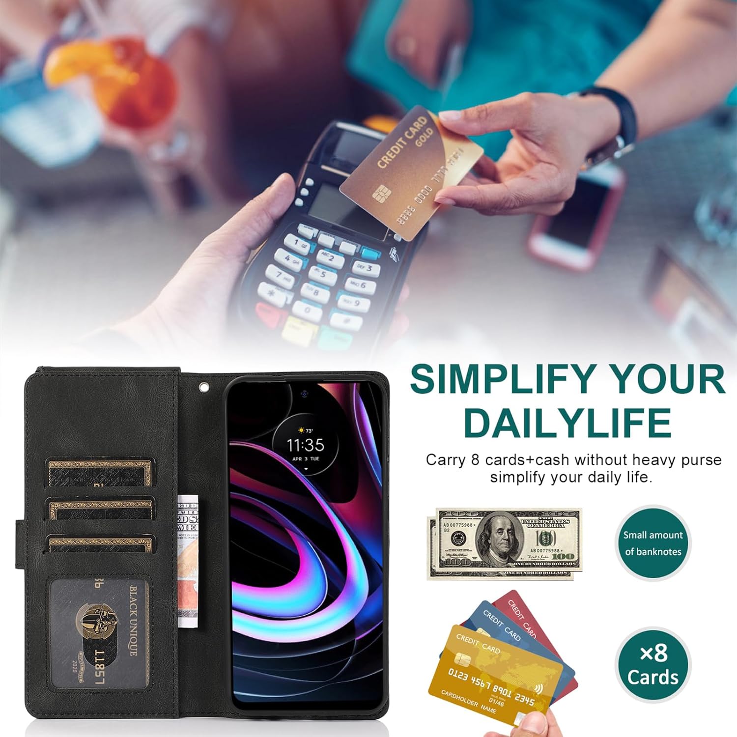 Asuwish Funda tipo cartera compatible con Motorola Moto Edge 2021MotoEdge 5G UW 2021, protector de pantalla de vidrio templado y cremallera, funda