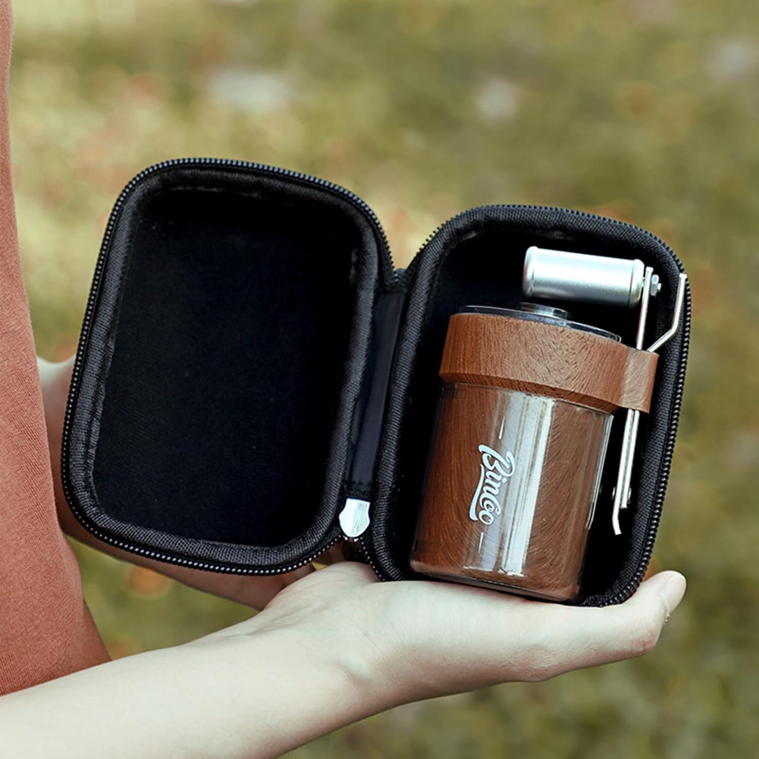 Bincoo Molinillo de café manual con rebabas de acero inoxidable, grosor ajustable, plegable, con bolsa portátil, molinillo de café de mano portátil