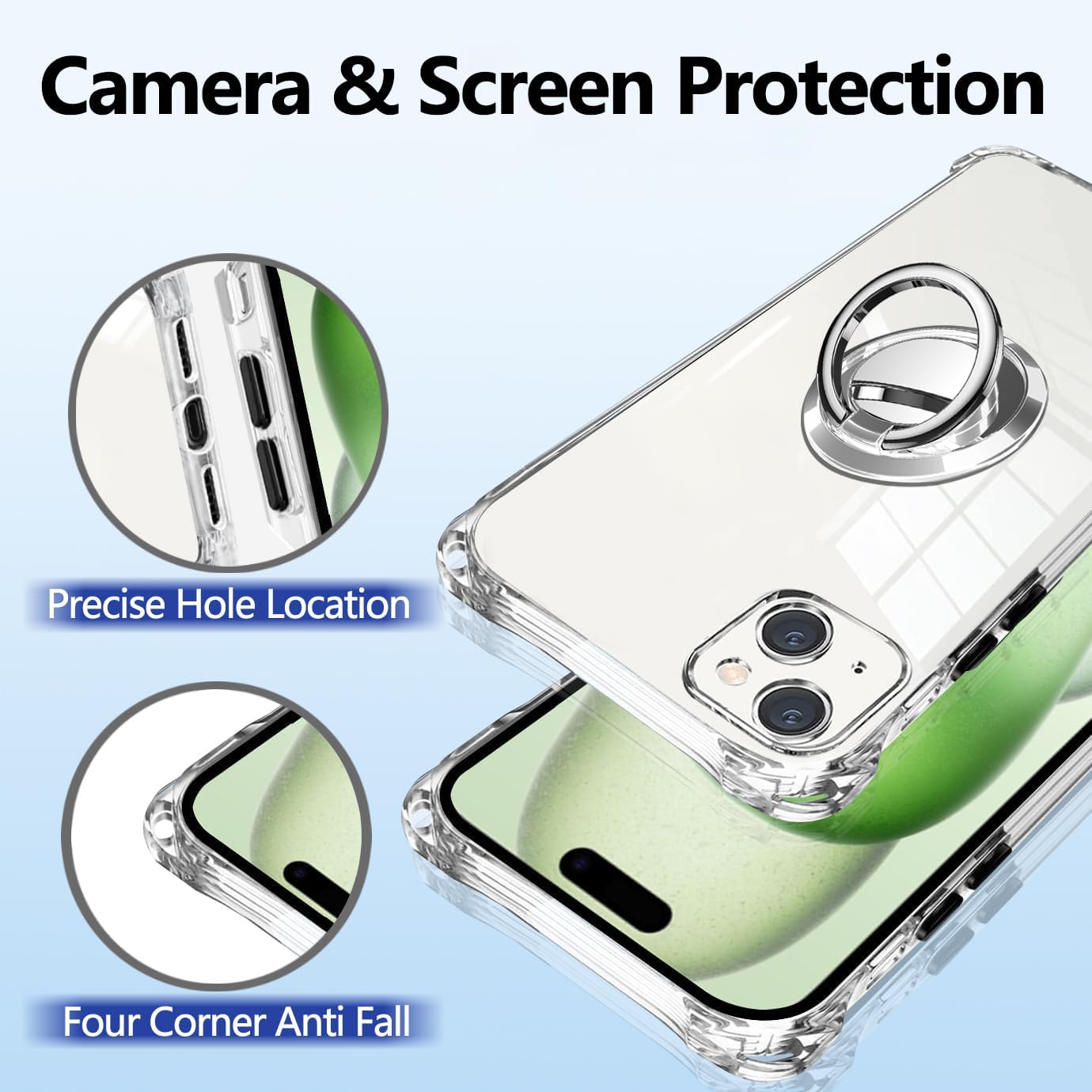 Diseño para iPhone 15 Plus, transparente, transparente, a prueba de golpes, ajustable, extraíble, bandolera, nailon, con 1 protector de pantalla,