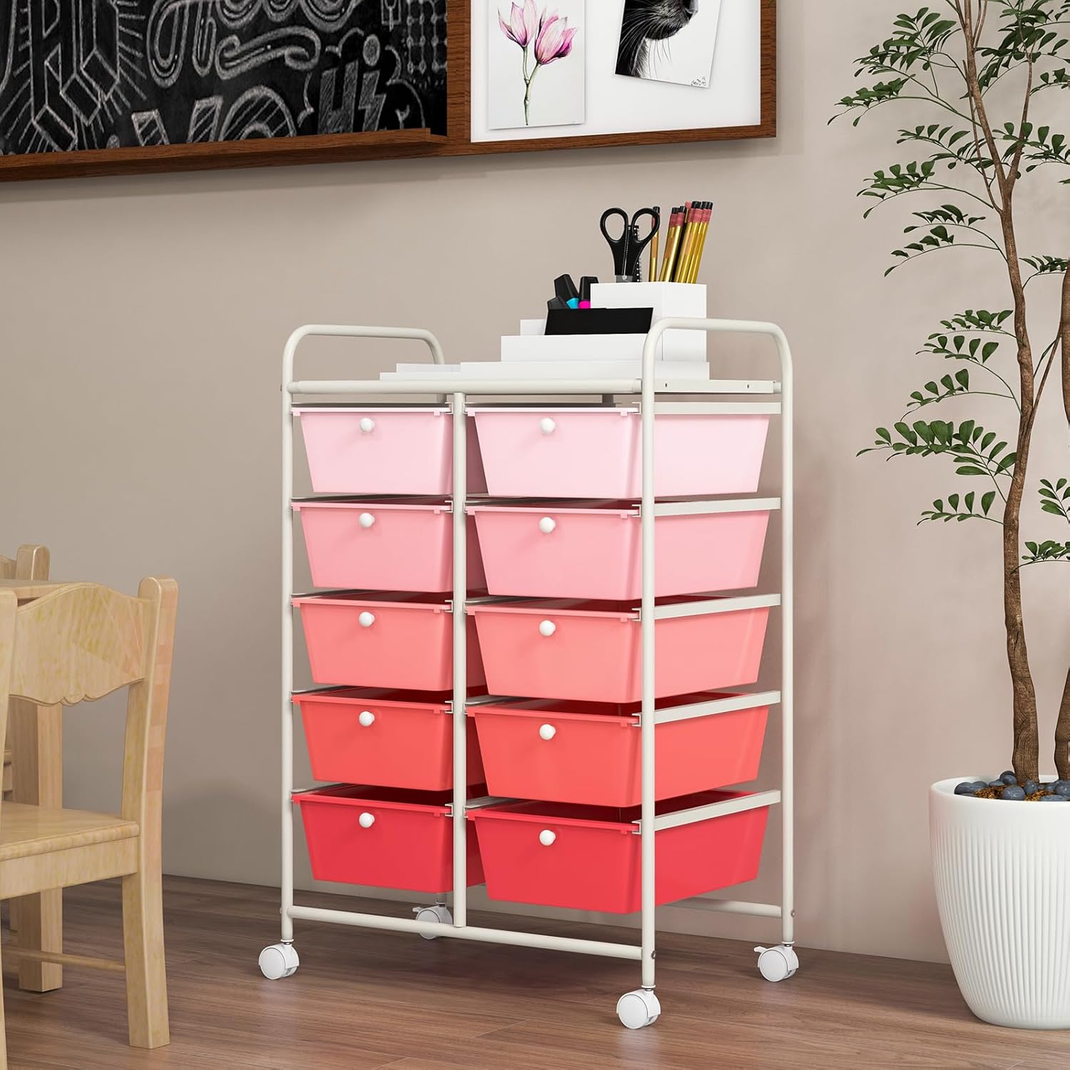 GOFLAME Carrito de almacenamiento con ruedas de 10 cajones, organizador de almacenamiento de manualidades sobre ruedas, carrito móvil multiusos para