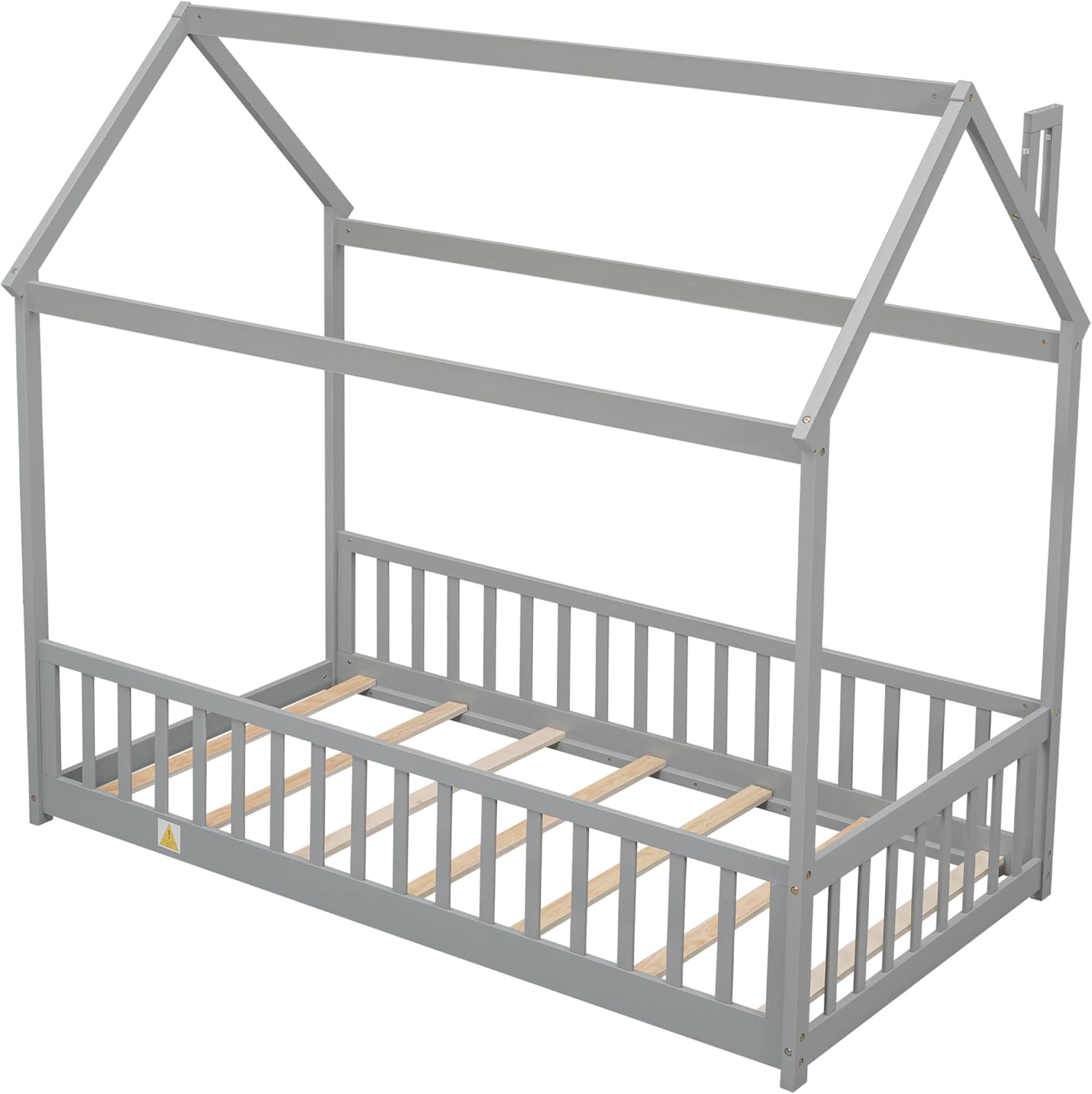 CITYLIGHT Base de cama de suelo de tamaño individual para niños, cama Montessori de madera con rieles y listones en forma de valla, cama individual