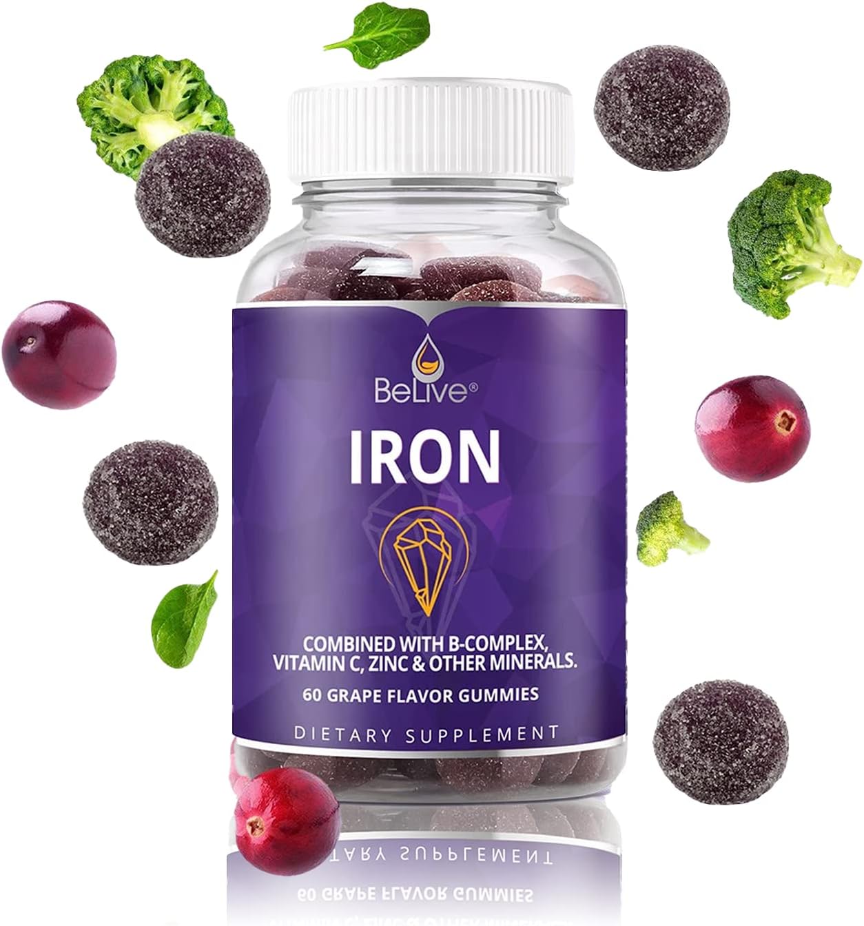 BeLive Gomitas de hierro, suplemento multivitamínico de hierro con vitamina C, A, B y zinc, apoya el oxígeno en sangre, suplementos de hierro vegano
