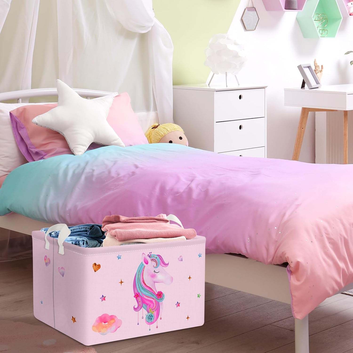 Clastyle Cesta rectangular de unicornio rosa para niñas, con diseño de estrella de nube, corazón, para baby shower, ropa, toalla, libro, juguetes,