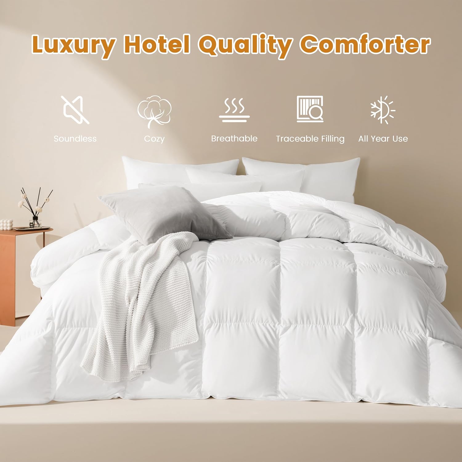 LeWinBedding Edredón de plumas de ganso de lujo tamaño Queen, relleno de edredón esponjoso para todas las estaciones, edredón de cama de calidad de