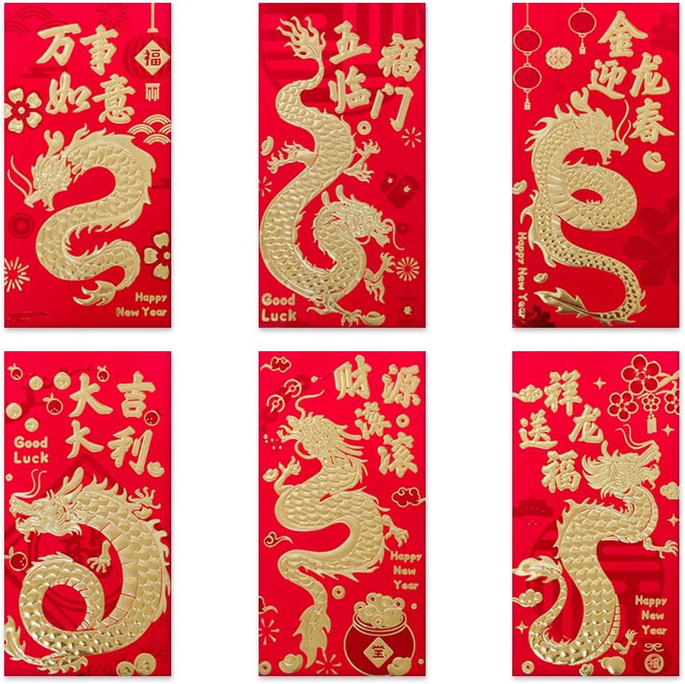 Hying 36 sobres chinos rojos chinos HongBao para tarjetas 2024, año nuevo chino, dragón, dinero de la suerte, bolsillos rojos para festival de