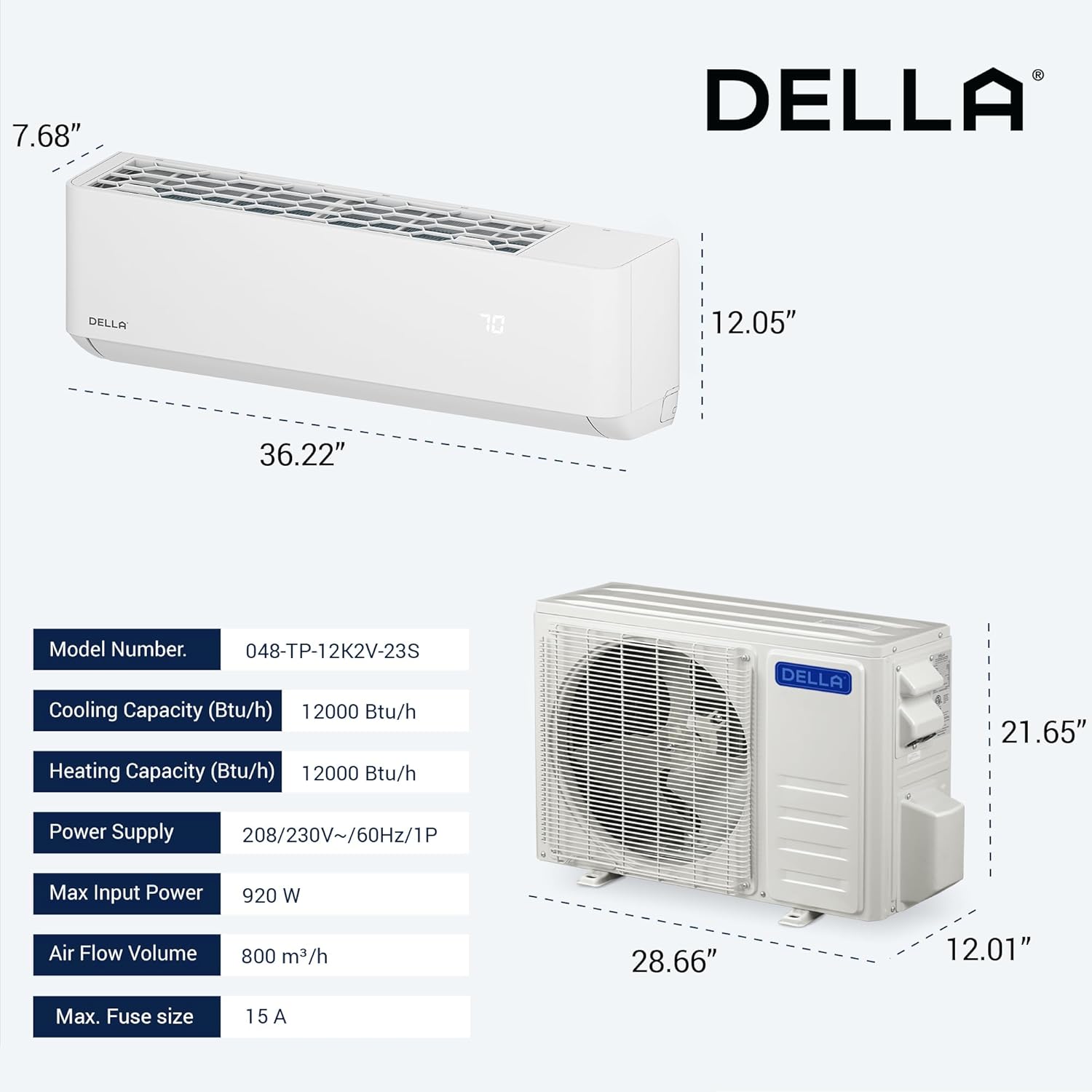 DELLA Optima Series 12,000 BTU Wifi Mini Split AC, funciona con Alexa, Energy Star 208230V 23 SEER2 enfría hasta 550 pies cuadrados de aire