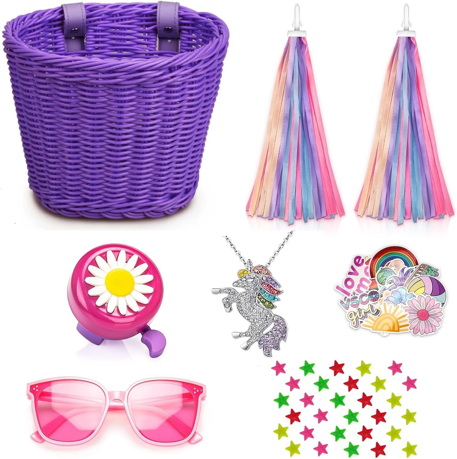 Cesta de bicicleta para niñas, cesta de bicicleta para manillar con collar de unicornio, campana de bicicleta, serpentinas, cuentas de rueda de