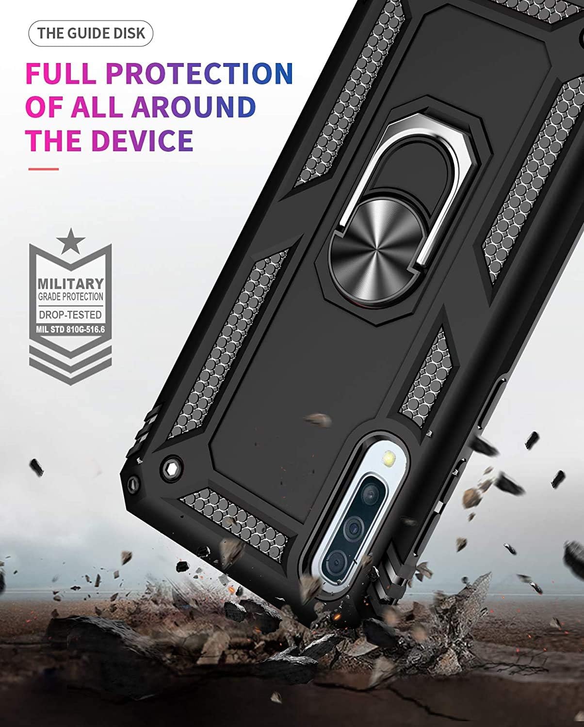 TJS Funda compatible con Samsung Galaxy A50 2019, con protector de pantalla de vidrio templado, anillo de metal, soporte magnético, resistente