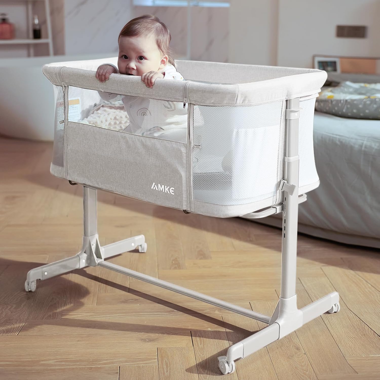 AMKE Moisés de bebé, cuna de noche para bebé, cuna portátil de malla para un sueño seguro, ajustable y segura para bebé, recién nacido, niña y niño