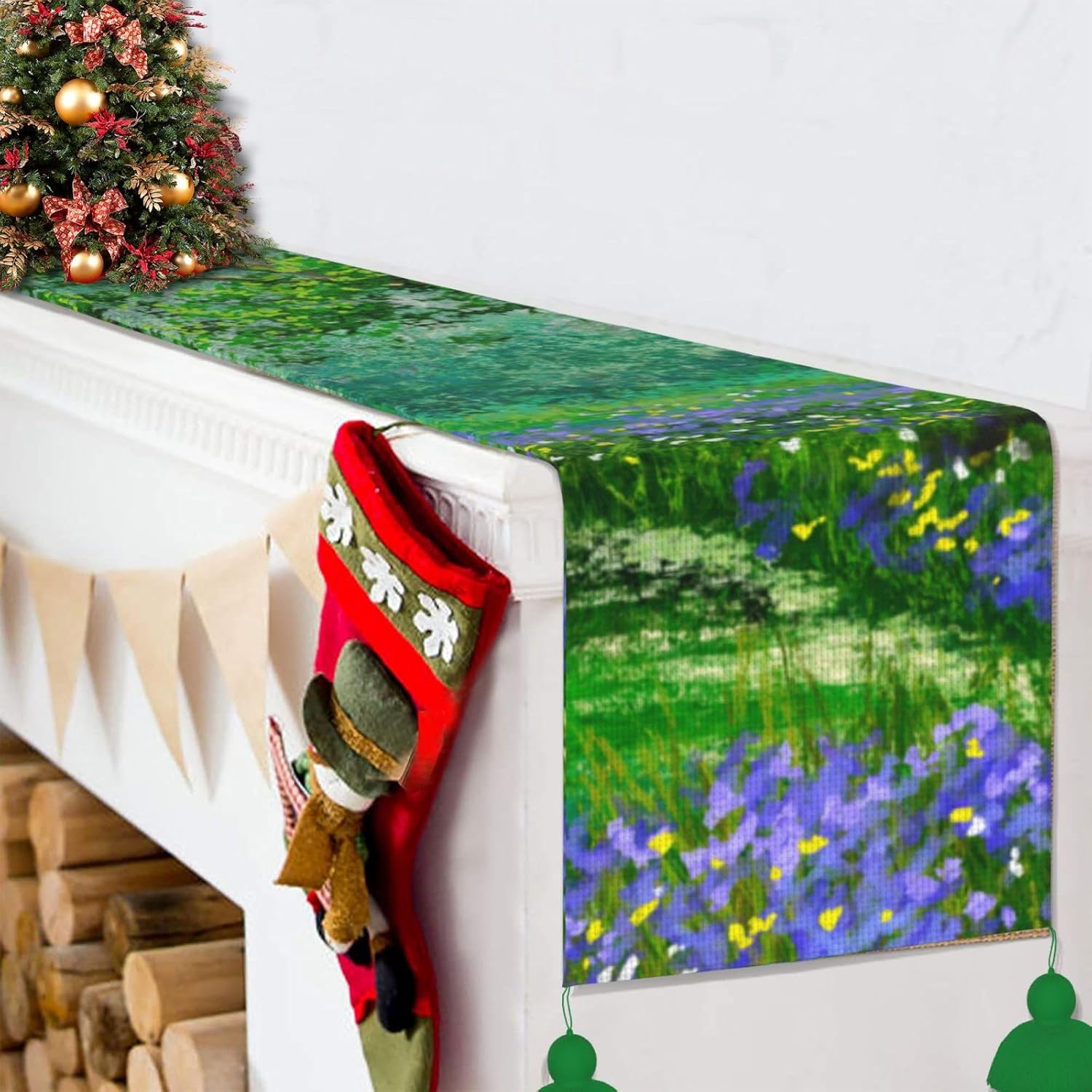 Camino de mesa de Navidad con bosque de árbol verde, decoración de mesa de comedor, decoración de Navidad, decoración de interiores del hogar,