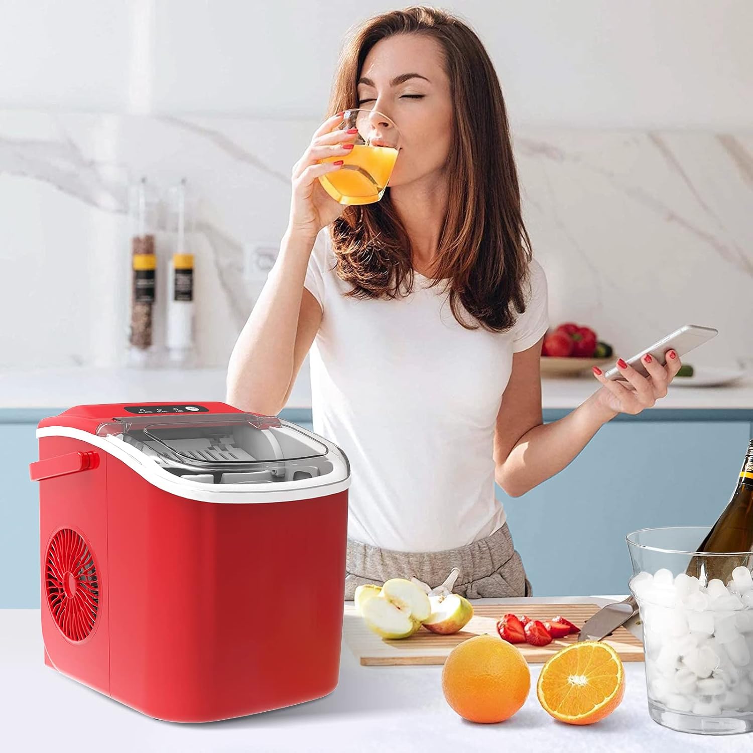 Máquina portátil de hielo para encimera con asa, 9 cubitos de hielo en forma de bala listos en 6 minutos, 26 libras24 horas, función de autolimpieza