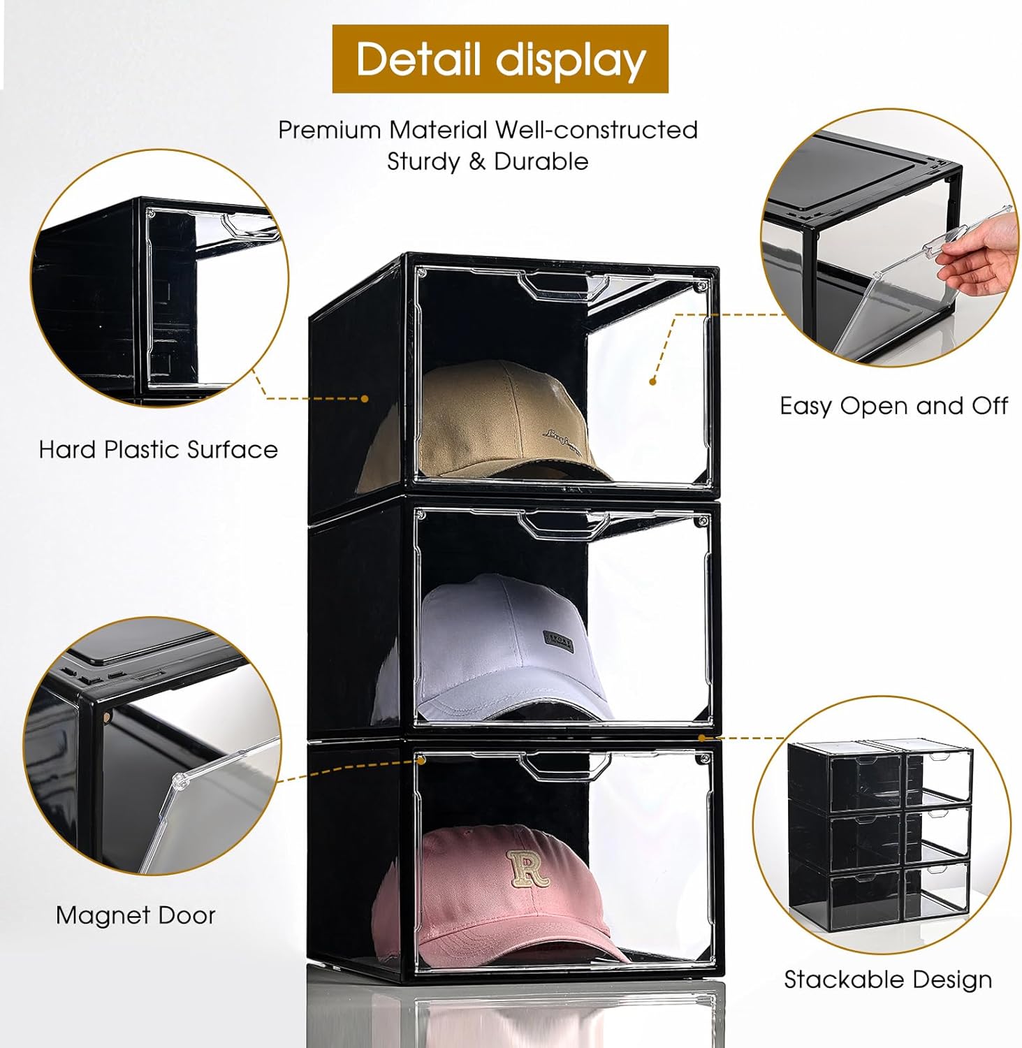 Organizador de sombreros para gorras de béisbol, paquete de 6 cajas de almacenamiento de sombreros de plástico transparente con puerta magnética,