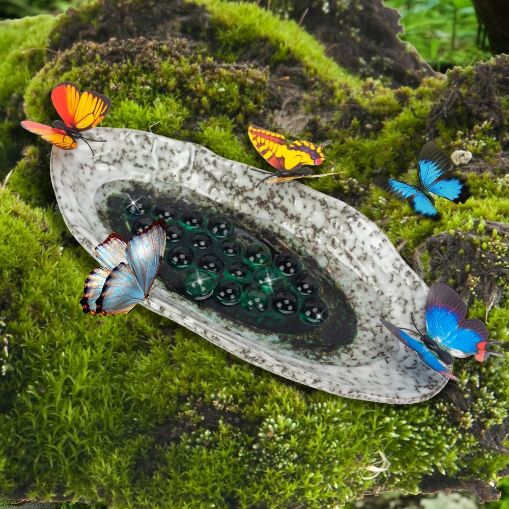 Estación de riego de mariposas al aire libre, comederos de abejas, charco de mariposas con 20 cuentas decorativas, cuenco de cerámica para insectos