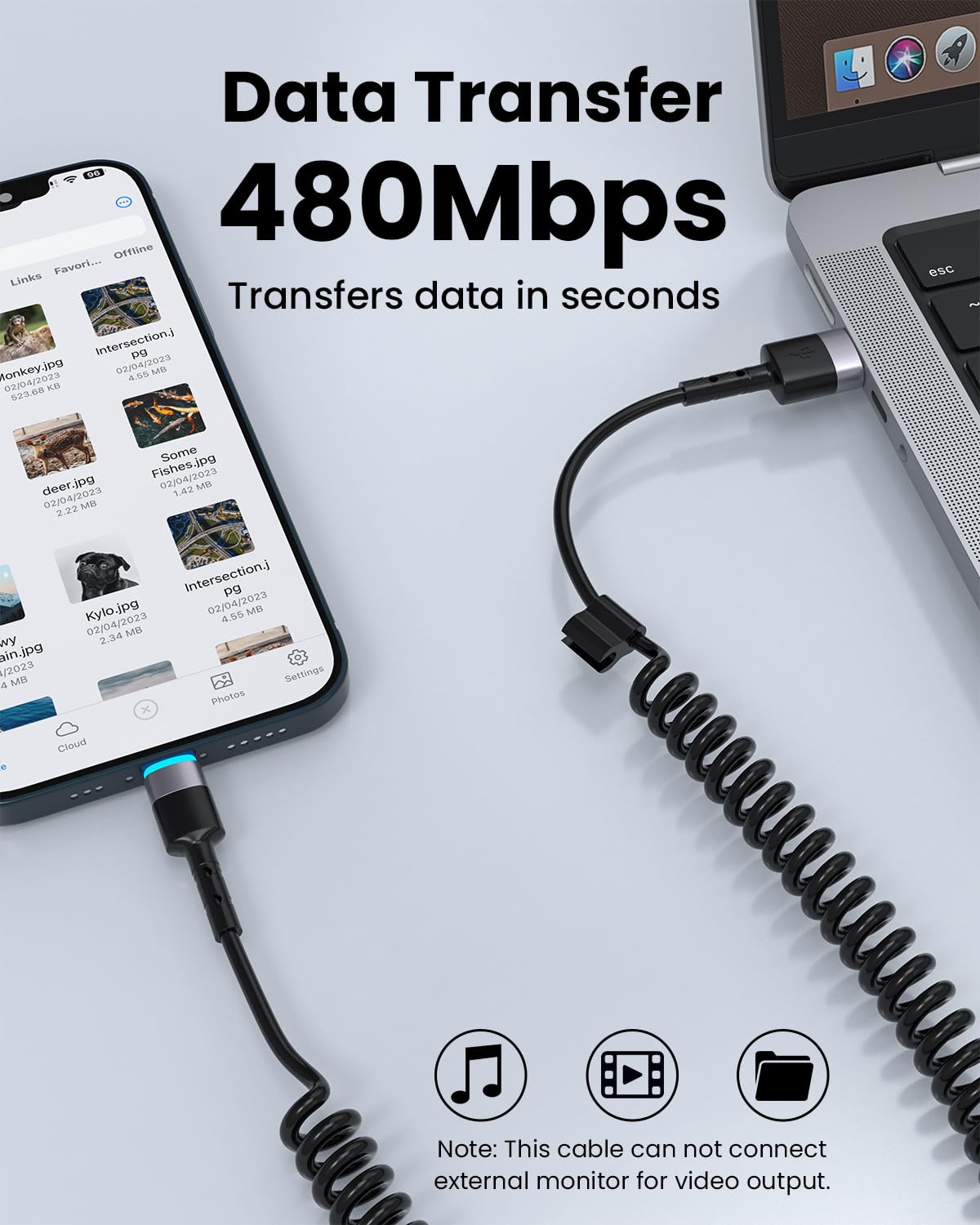 Cable Lightning en espiral, 2 unidades, 3 pies, cable iPhone para automóvil, Apple CarPlay certificado MFi, carga corta USB a Lightning compatible