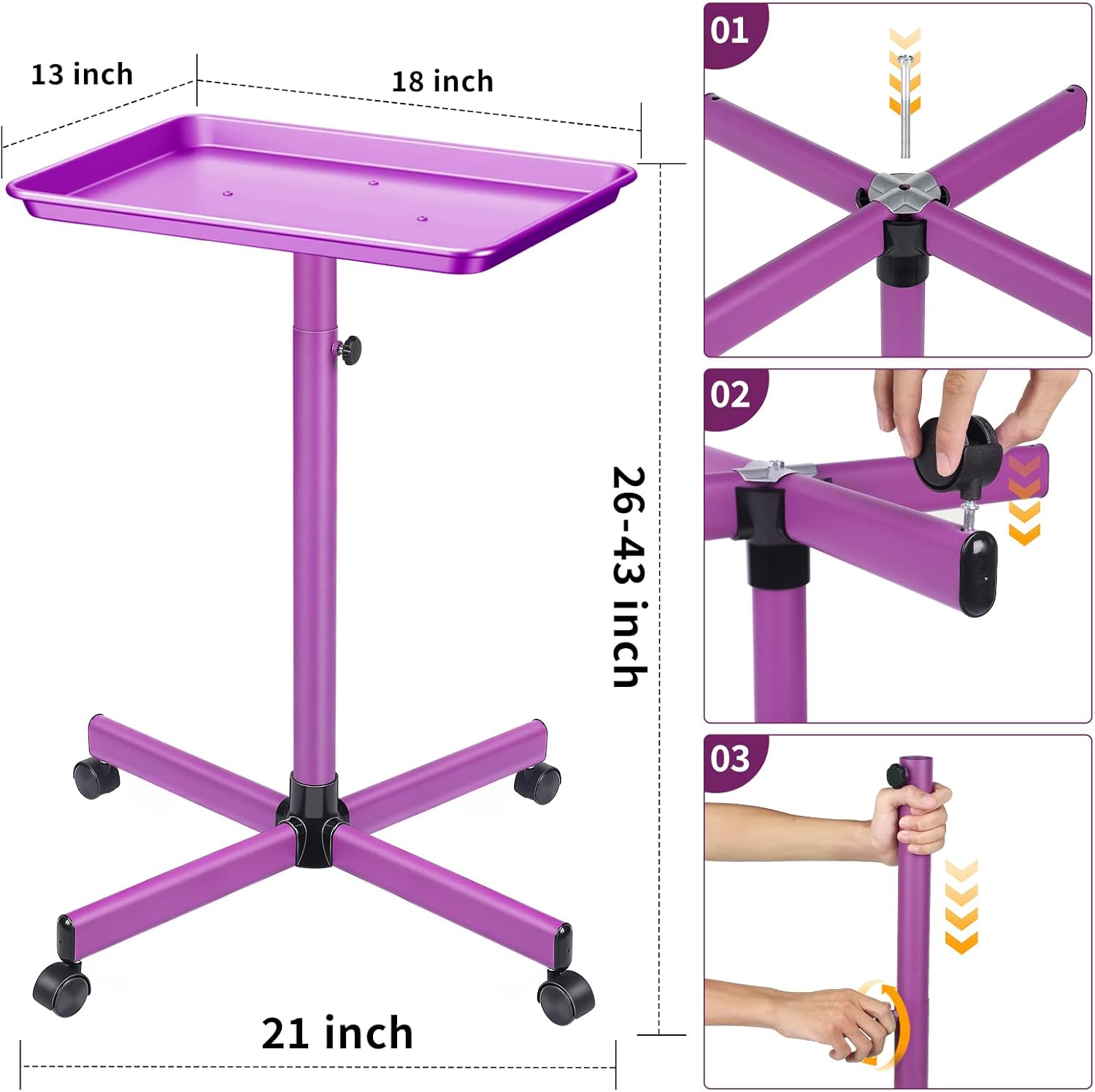 Wuissvnb Salon Tray, Salon Tray on Wheels, Premium Aluminum Salon Tray, Hair Stylist Tray, Tattoo Tray, Height Adjustable Salon Service Tray(Purple)