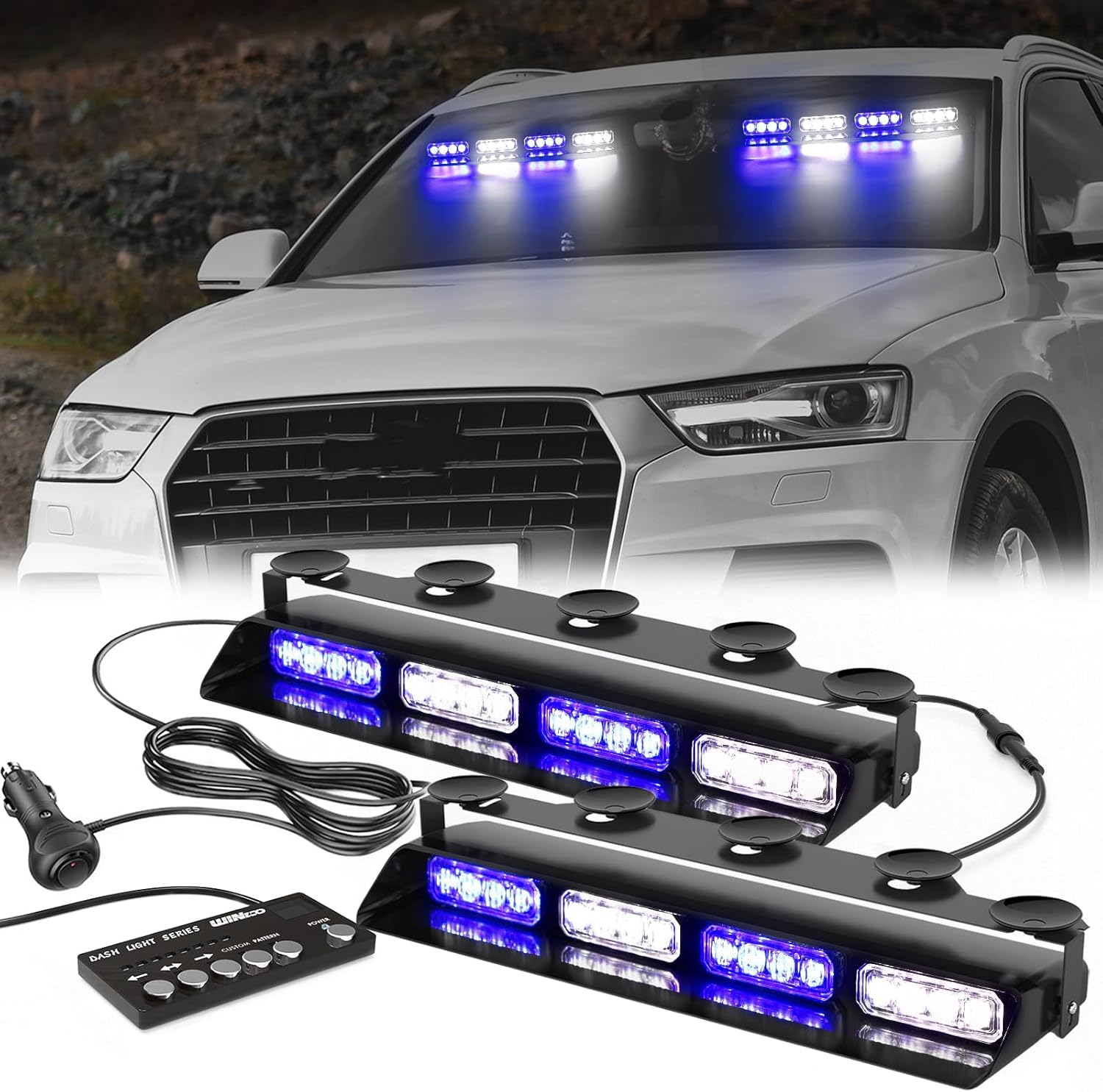 Luces de policía estroboscópicas de emergencia azul y blanco, peligro de advertencia intermitente de seguridad interior para parabrisas