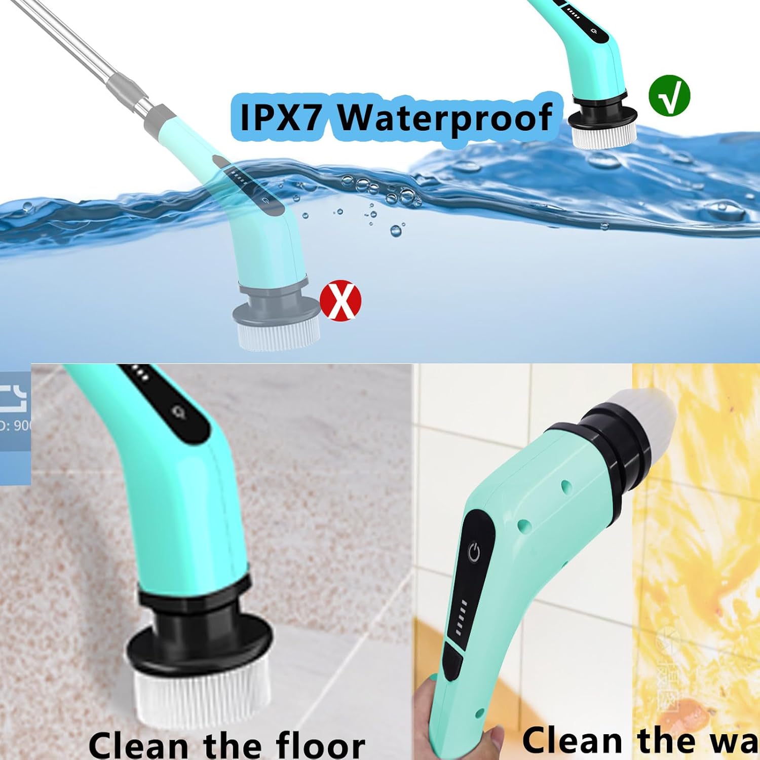 Limpiador eléctrico giratorio, limpiador de ducha IPX7 con mango largo, cepillo de limpieza inalámbrico 7 y 1 con batería de 2500 mAh, limpiador de