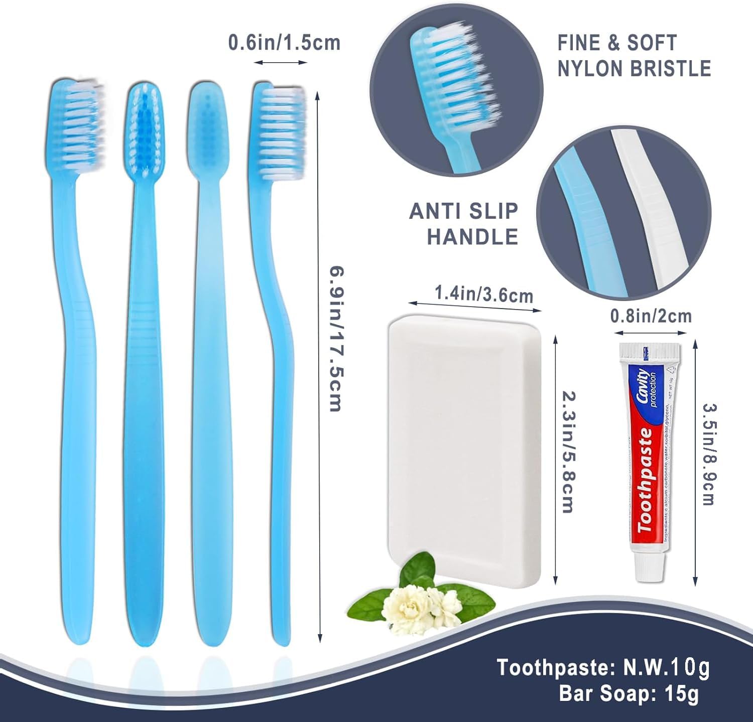 Paquete de 30 cepillos de dientes desechables con pasta de dientes y jabón envueltos individualmente, 2 colores, barra de jabón de 0.5 onzas, tamaño