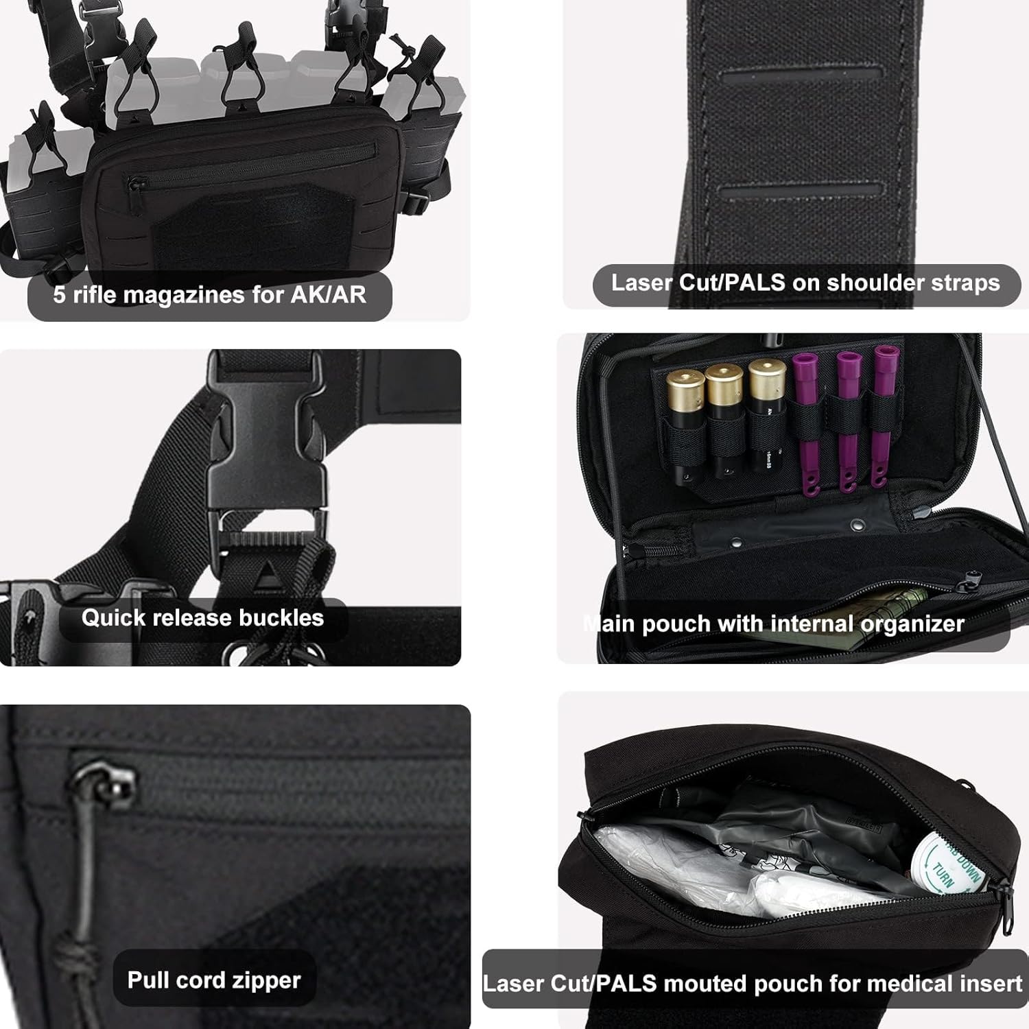 BOMTURN Chest Rig Tactical Chest Rig 1000D Molle Micro Chest Rigs Adjustable Detachable Modular Vest with Mag Pouch
