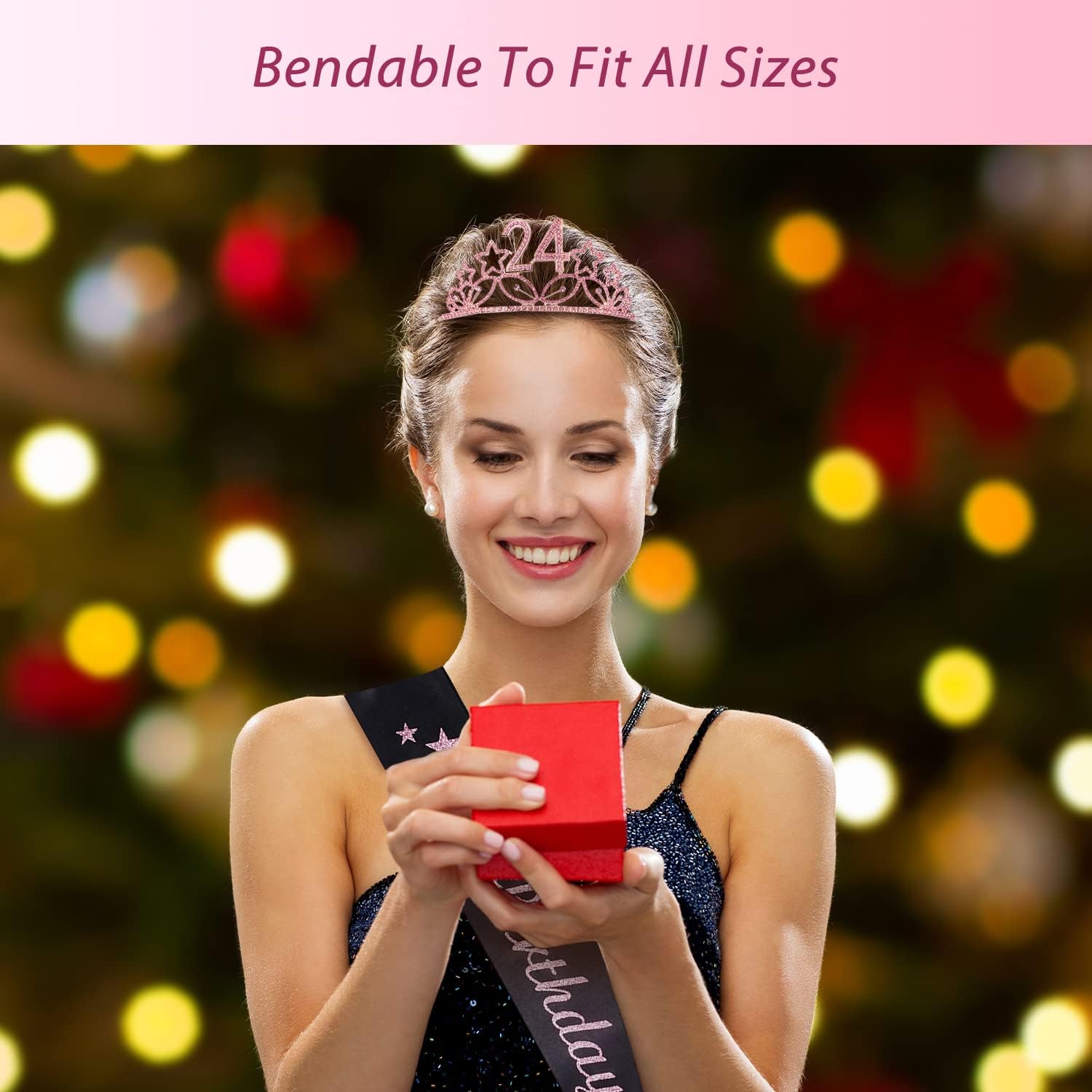 Banda y tiara de cumpleaños número 24 para mujer, juego fabuloso banda con purpurina + estrellas de diamantes de imitación rosa tiara de metal