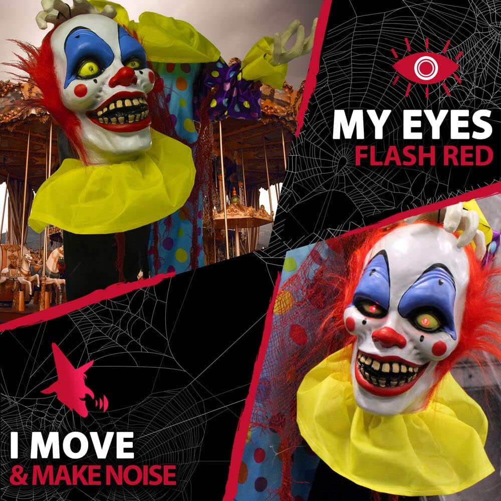 Haunted Hill Farm Payaso parlante animatrónico de tamaño real con luces y sonidos activados por el tacto, funciona con pilas, decoración de