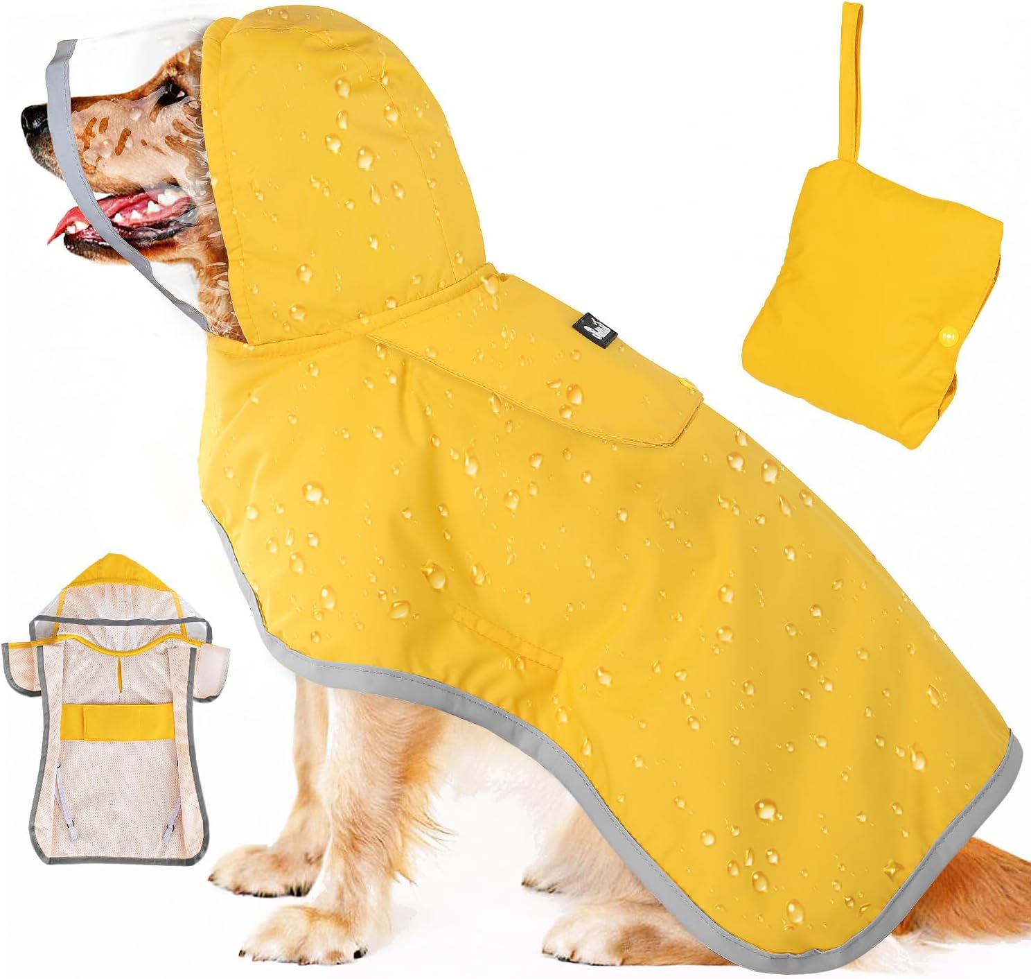 SlowTon Impermeable para perro, chaqueta de lluvia ajustable para perro, doble capa transparente, poncho impermeable para perro con correas