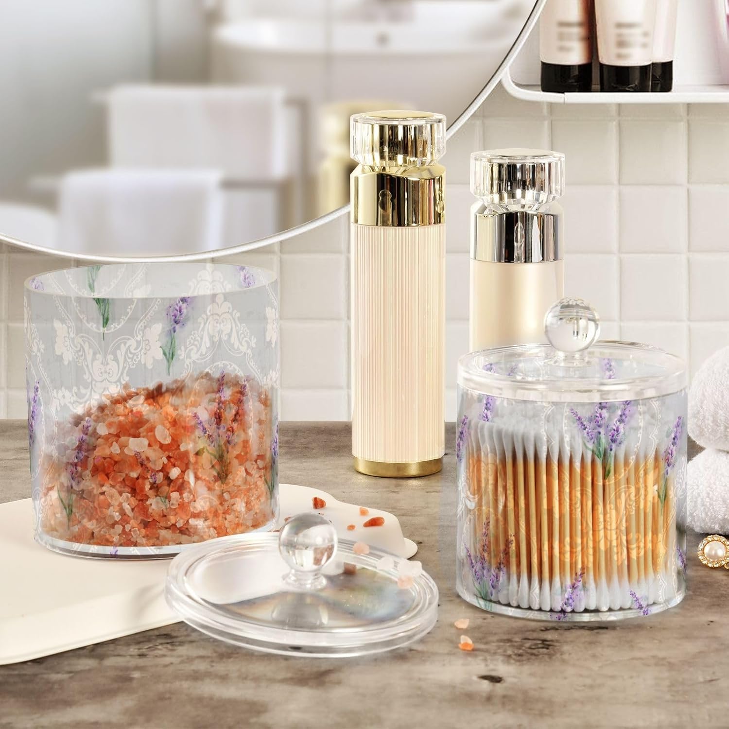 Tarros de flores de lavanda con tapas, contenedores de almacenamiento de baño, recipientes de algodón para dormitorio, artículos esenciales para