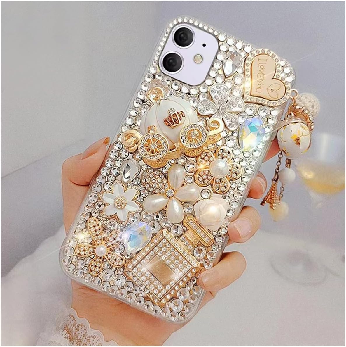 Cavdycidy Funda para iPhone 11 con brillantes, para mujeres y niñas, 3D, con diamantes de imitación, diseño de calabaza, colgante de coche, con