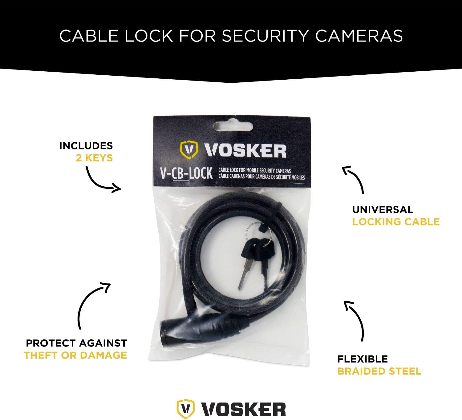 Vosker Candado de cable de seguridad para cámara de seguridad con 2 llaves, acero trenzado flexible, 6 pies de largo, soporte universal para cámara