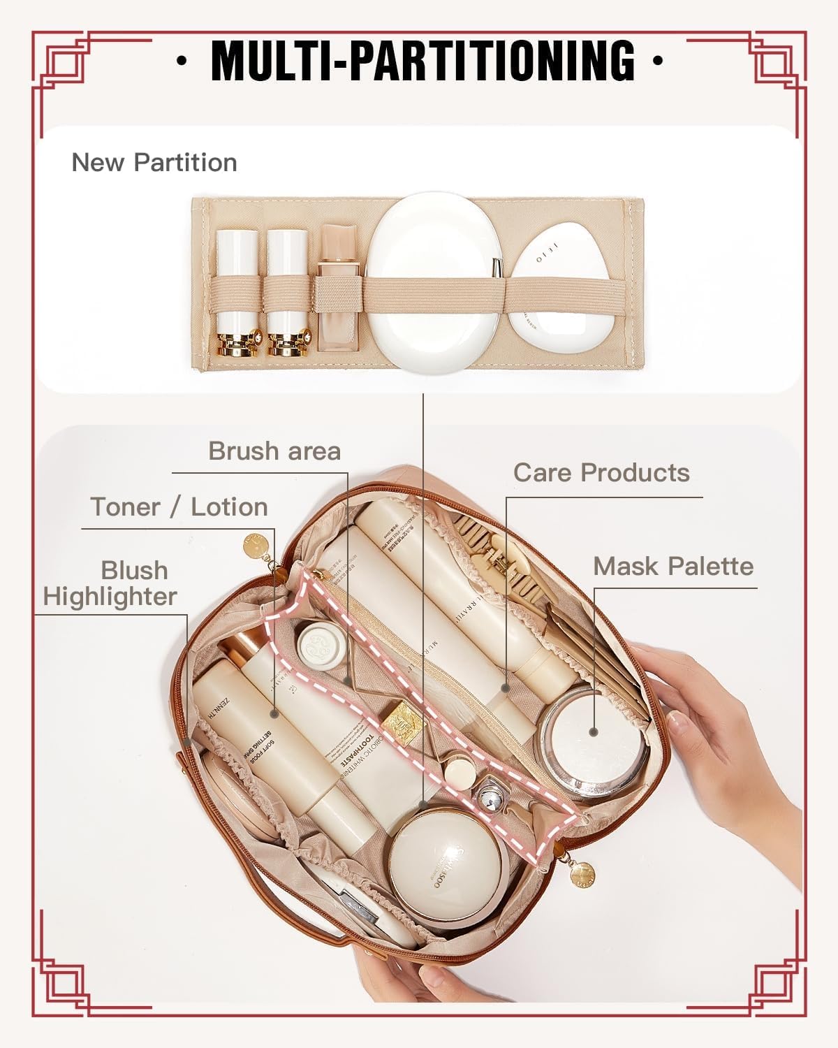 WSLZFTL Bolsa de maquillaje 5 divisores Bolsa de cosméticos de gran capacidad, Concha verde, Almacenamiento de 5 divisores