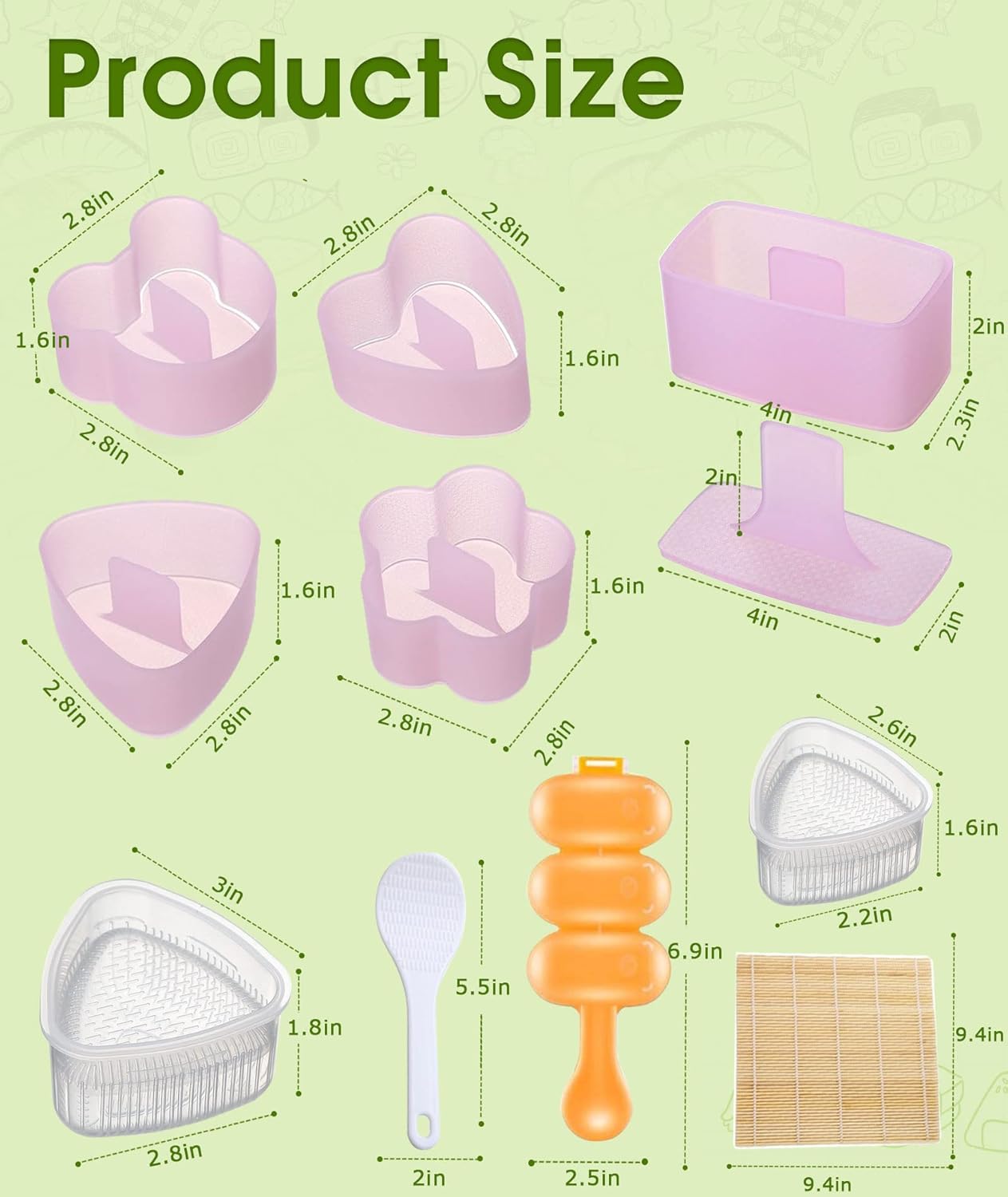 Juego de 12 moldes de onigiri, kit de fabricación de sushi, molde de bolas de arroz, tapete rodante de sushi, molde de arroz, tenedor de frutas,