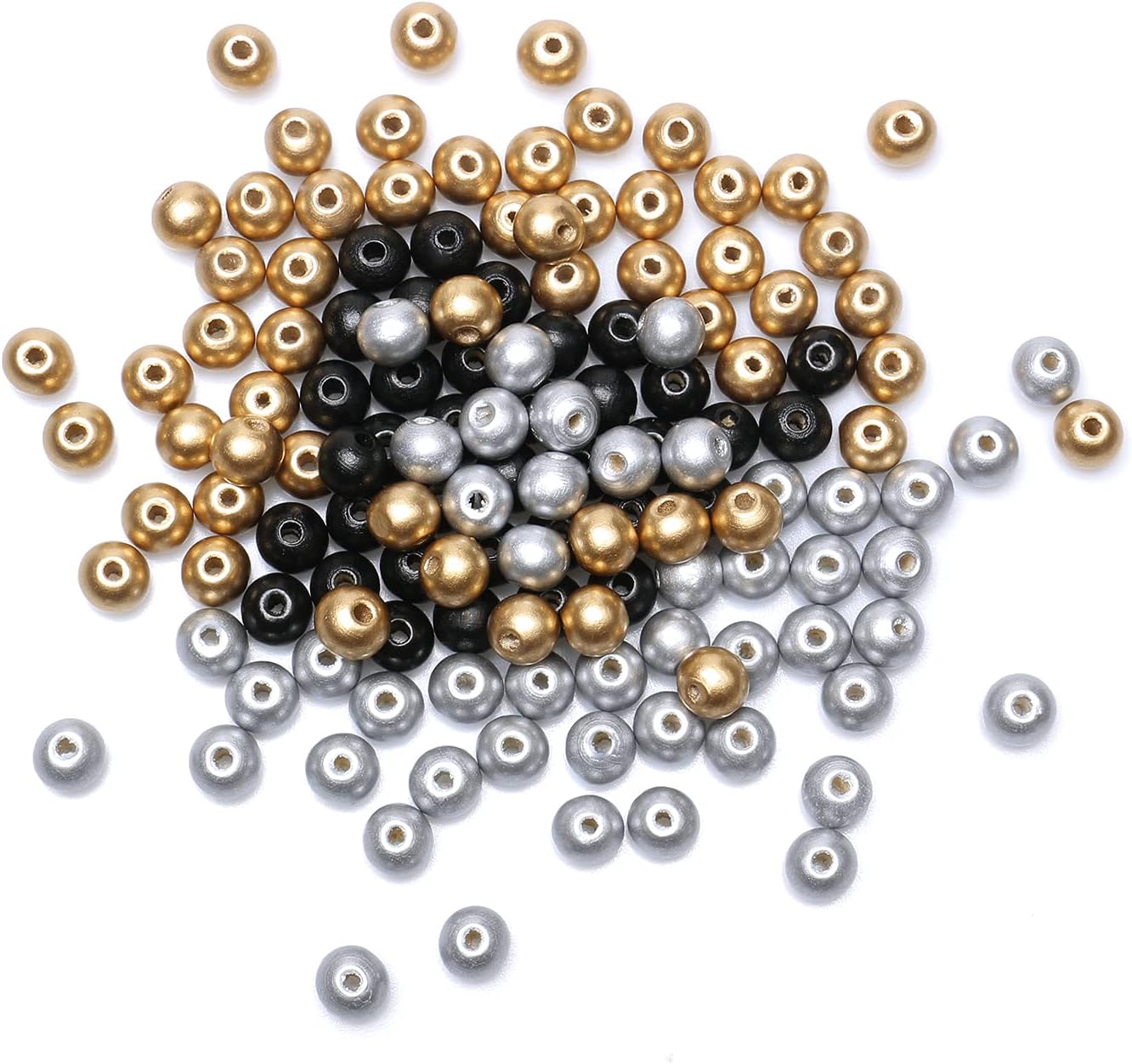 Cuentas de madera de 0.394 in para la fabricación de joyas, 300 cuentas redondas de madera de color negro y dorado y plateado, cuentas sueltas de