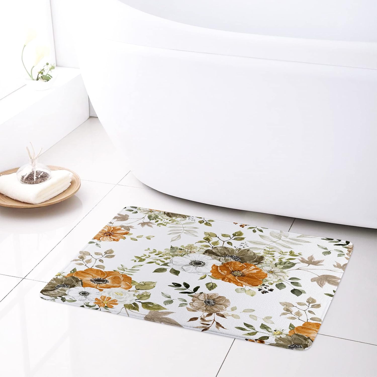 LB Grey and Orange Flower Shower Curtain Sets with Rugs Autumn Country Plant Watercolor Floral on White Fabric Shower Curtain with Hooks Fall