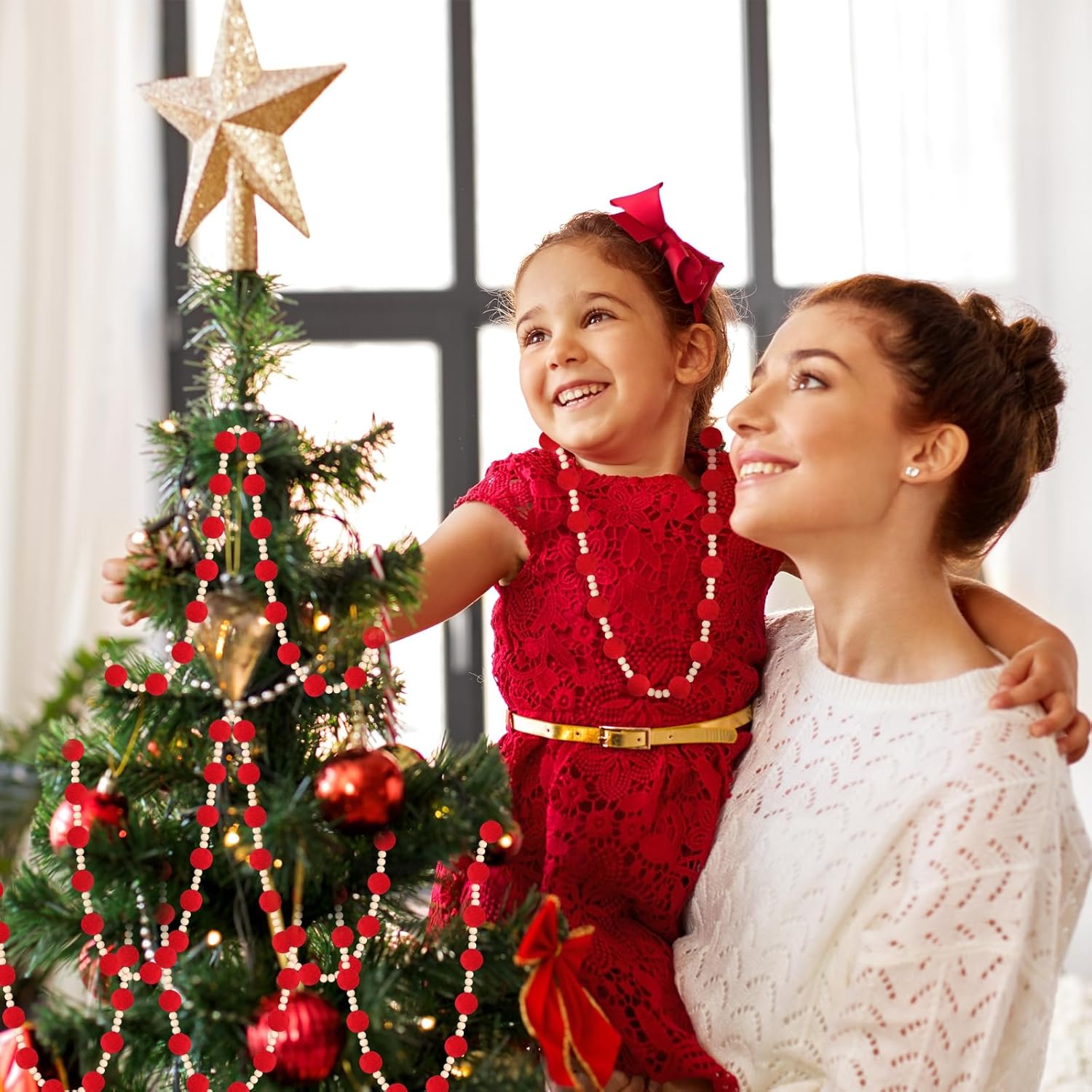 Guirnalda de bolas de fieltro de lana roja de Navidad de 144 pulgadas con cuentas de madera, guirnalda de pompones de fieltro, guirnalda de