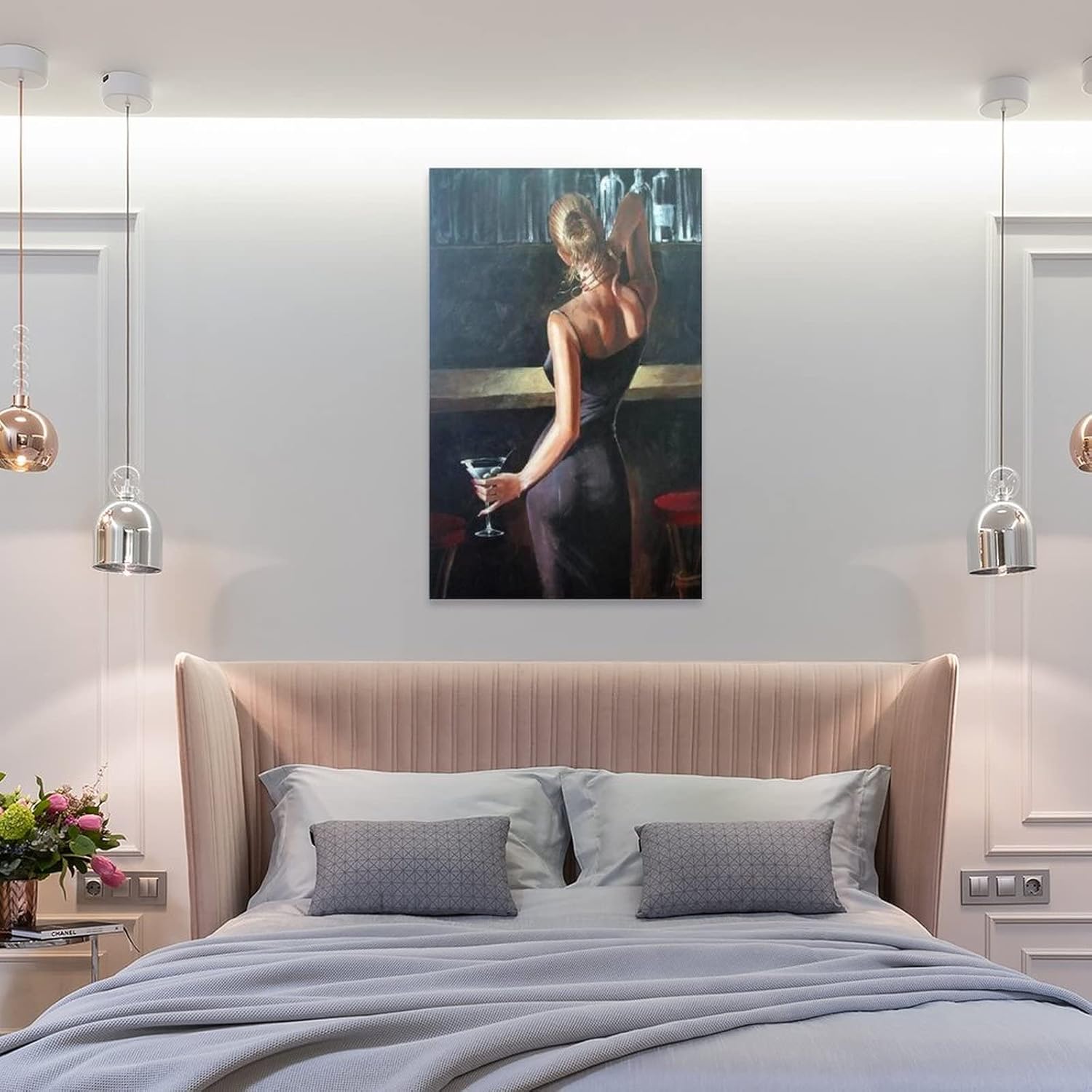 Póster artístico para pared, diseño de mujer sexy con vestido azul, sosteniendo copa de vino, decoración de pared, póster de lienzo Painti, lienzo,