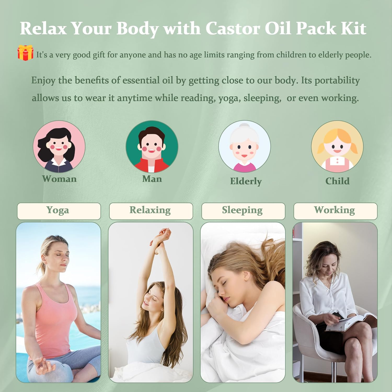 Paquete de 7 unidades de aceite de ricino, kit de aceite de ricino orgánico para rodilla, cintura, pecho, cuello, pierna, correas elásticas