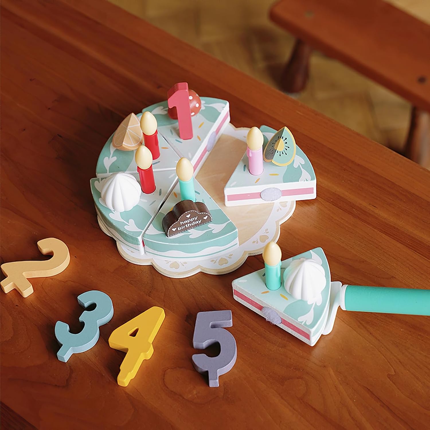 Juego de comida de madera para jugar a pastel de cumpleaños, juego de fiesta de té para niños pequeños, juegos de accesorios de cocina Montessori de