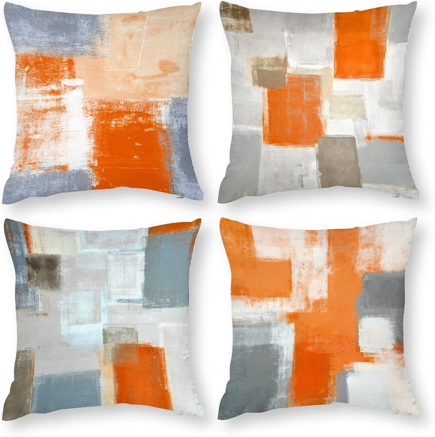 BBKD Juego de 4 fundas de almohada de arte abstracto naranja y gris de 16 x 16 pulgadas, color naranja y gris, funda de cojín decorativa moderna