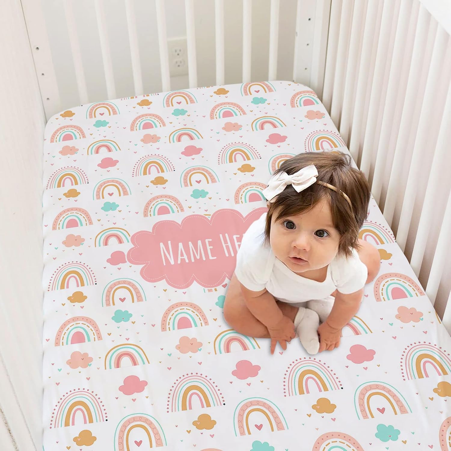 Sábanas personalizadas para cuna de bebé arcoíris colorido con nombre, paquete personalizado y sábanas de juego para niñas bebés, sábanas de colchón