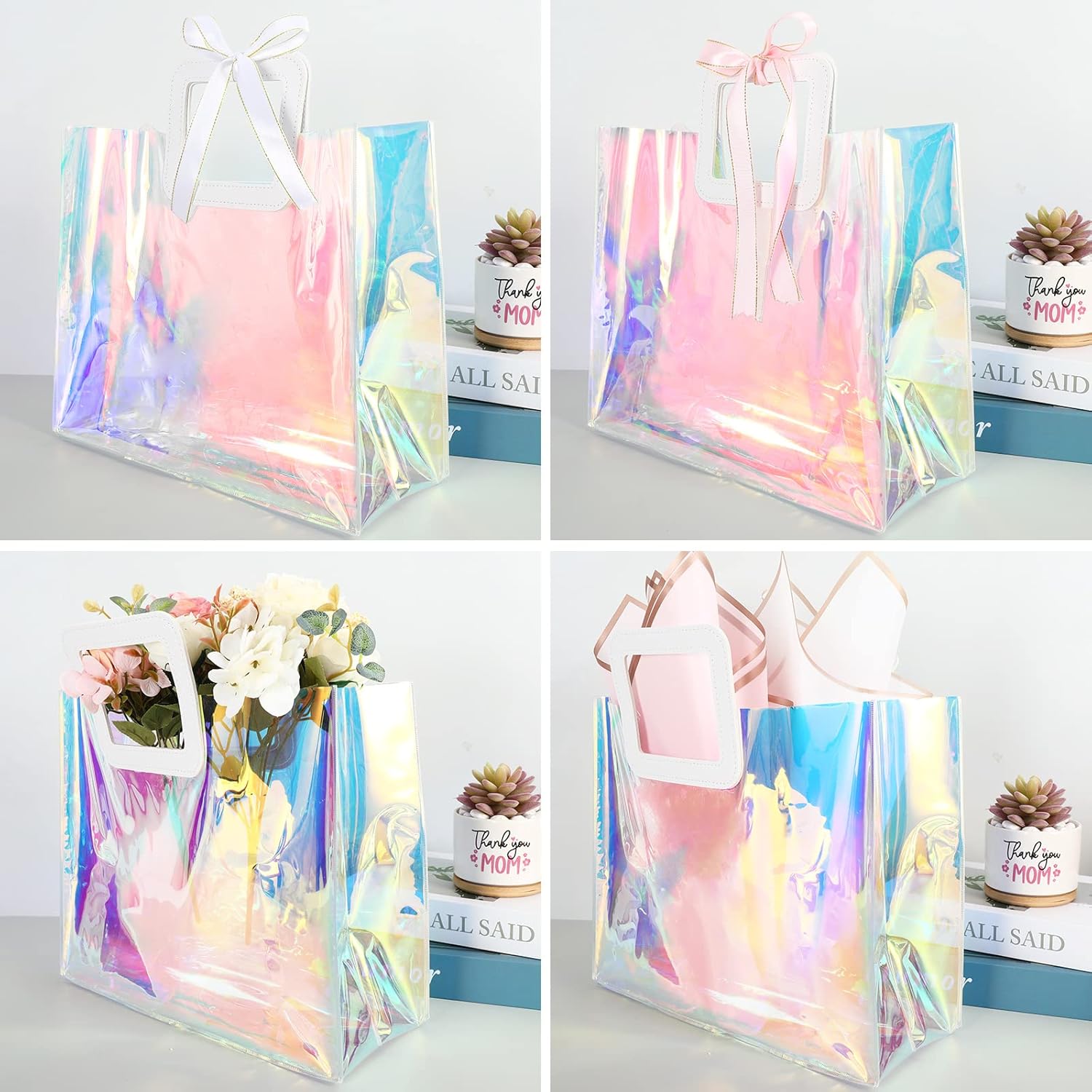 Whaline 5 bolsas de regalo holográficas grandes de 12.8 x 11.6 x 5.7 pulgadas, iridiscentes, transparentes, reutilizables, de PVC, bolsas de compras