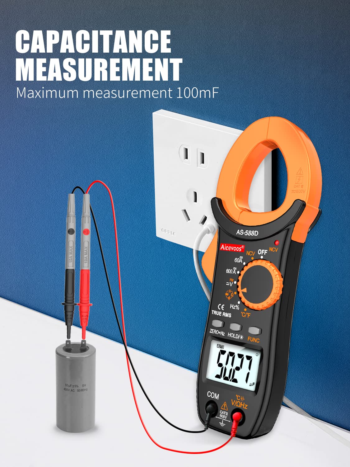Aicevoos Abrazadera digital 588D 6000 cuenta con amplificador de voltaje de rango automático, mide voltaje y corriente CACC, diodos de resistencia